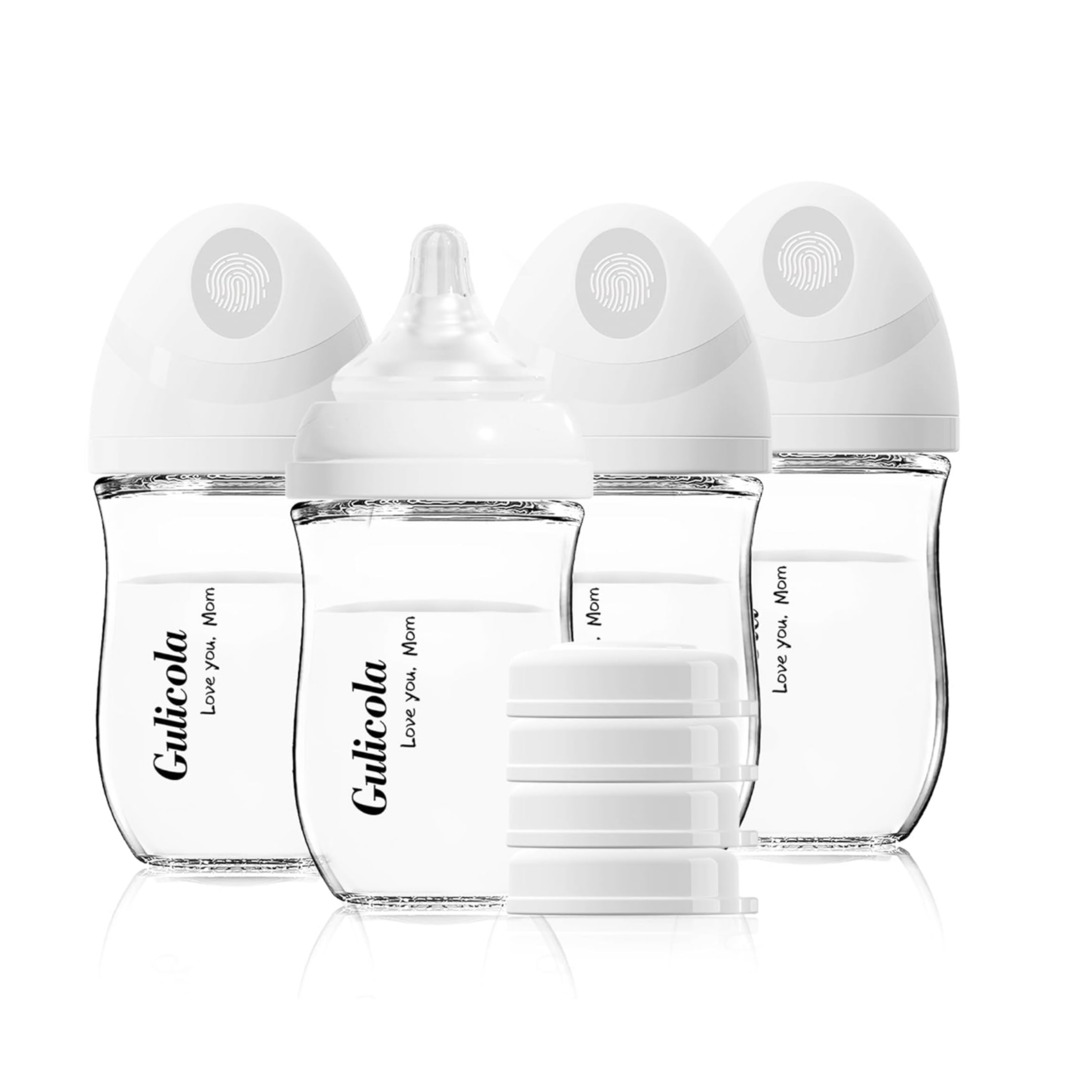 Four clear baby bottles with white caps and nipples, labeled "Gulicola," with a stack of white bottle covers in front.