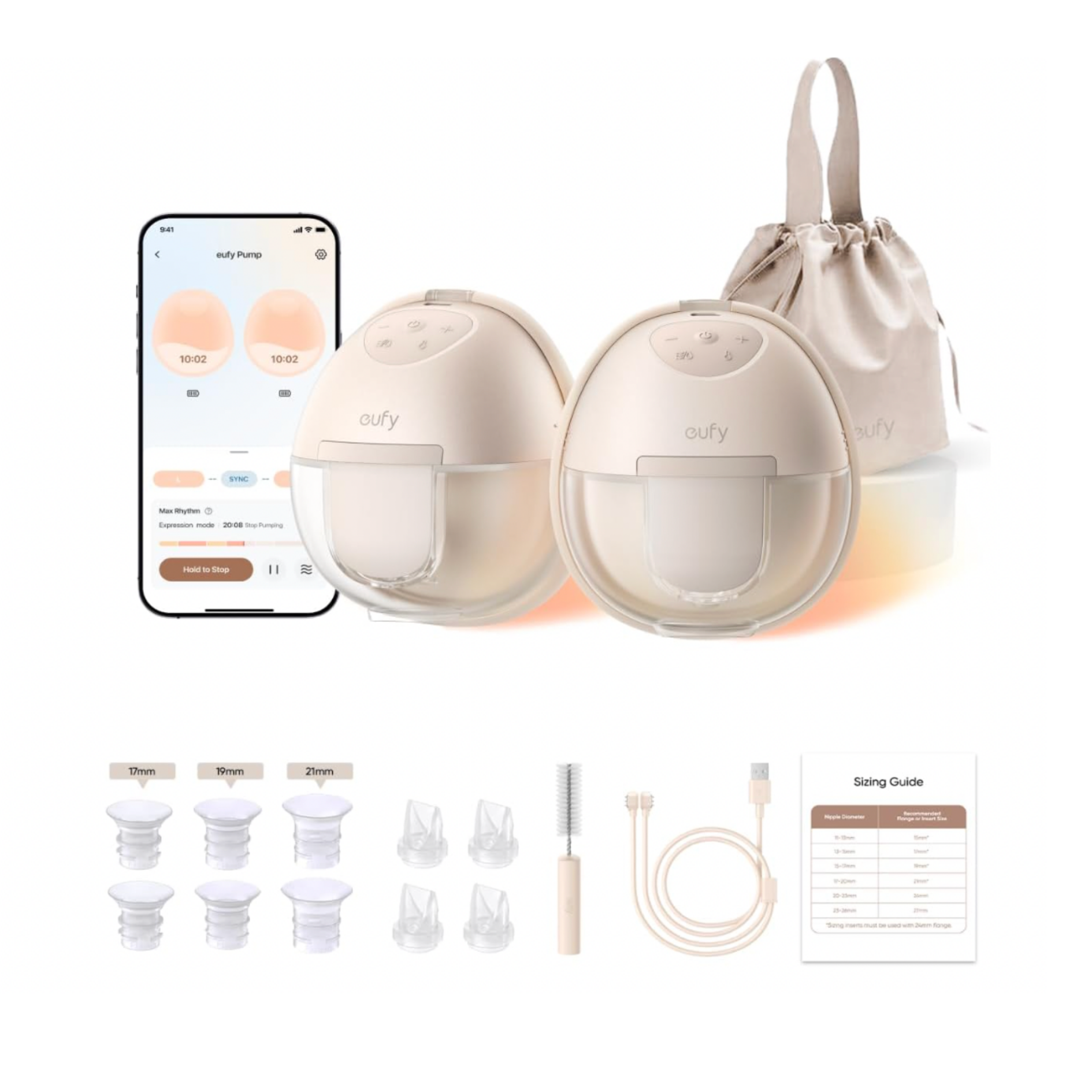Eufy breast pump set with two pumps, accessories, a storage bag, cleaning brush, tubing, sizing guide, and mobile app display.