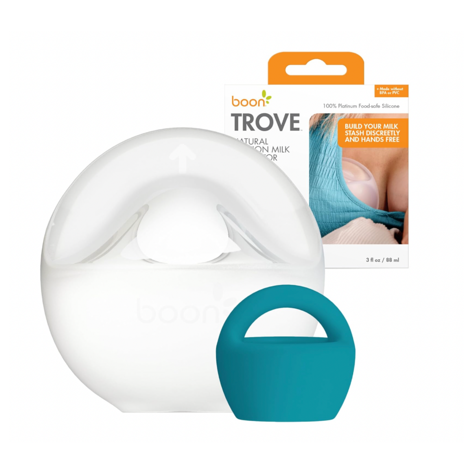 Clear silicone milk collector with teal cap, shown with packaging displaying use for breastfeeding mothers.