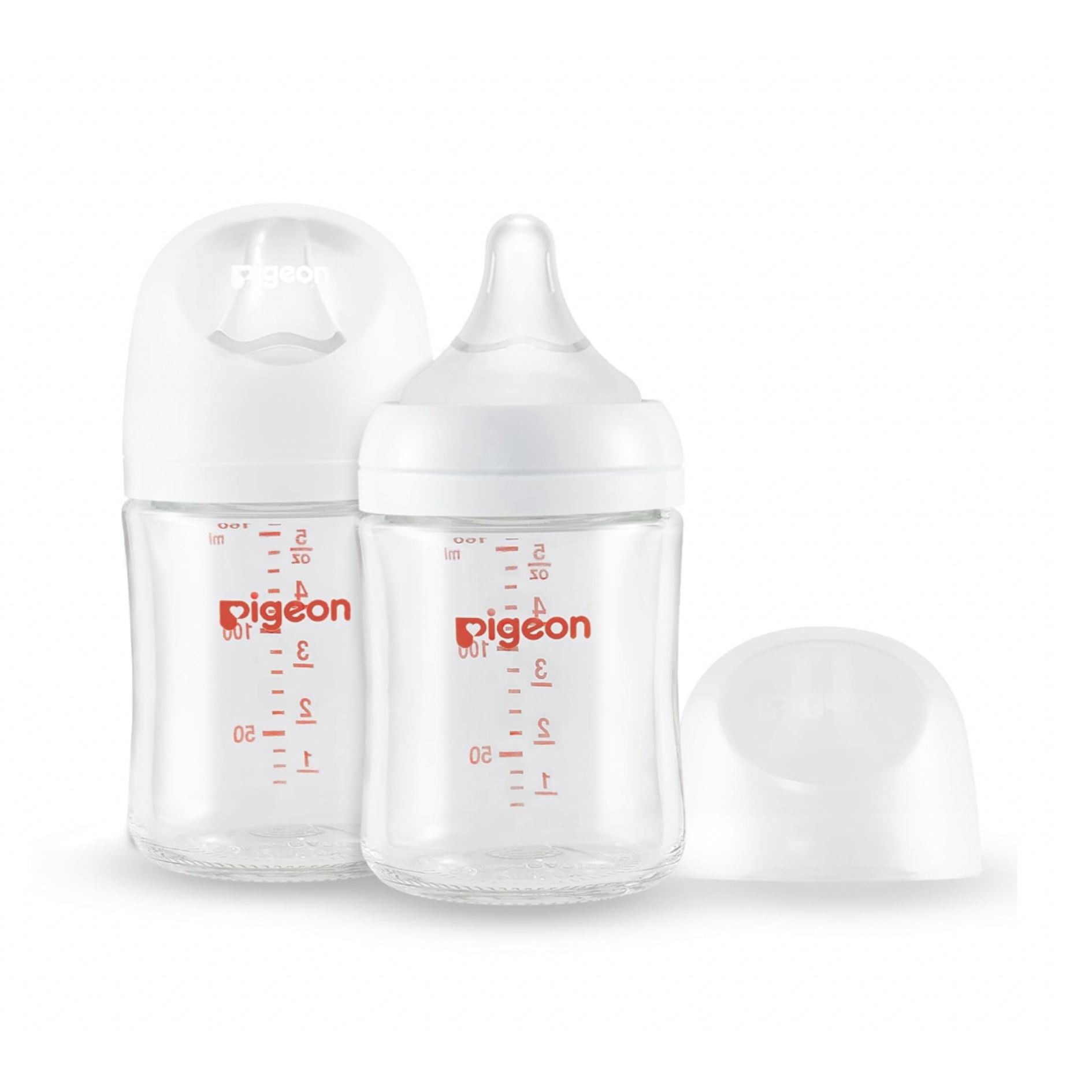 Two clear baby bottles with measurement markings, one with a nipple and one with a cap, both labeled "pigeon.