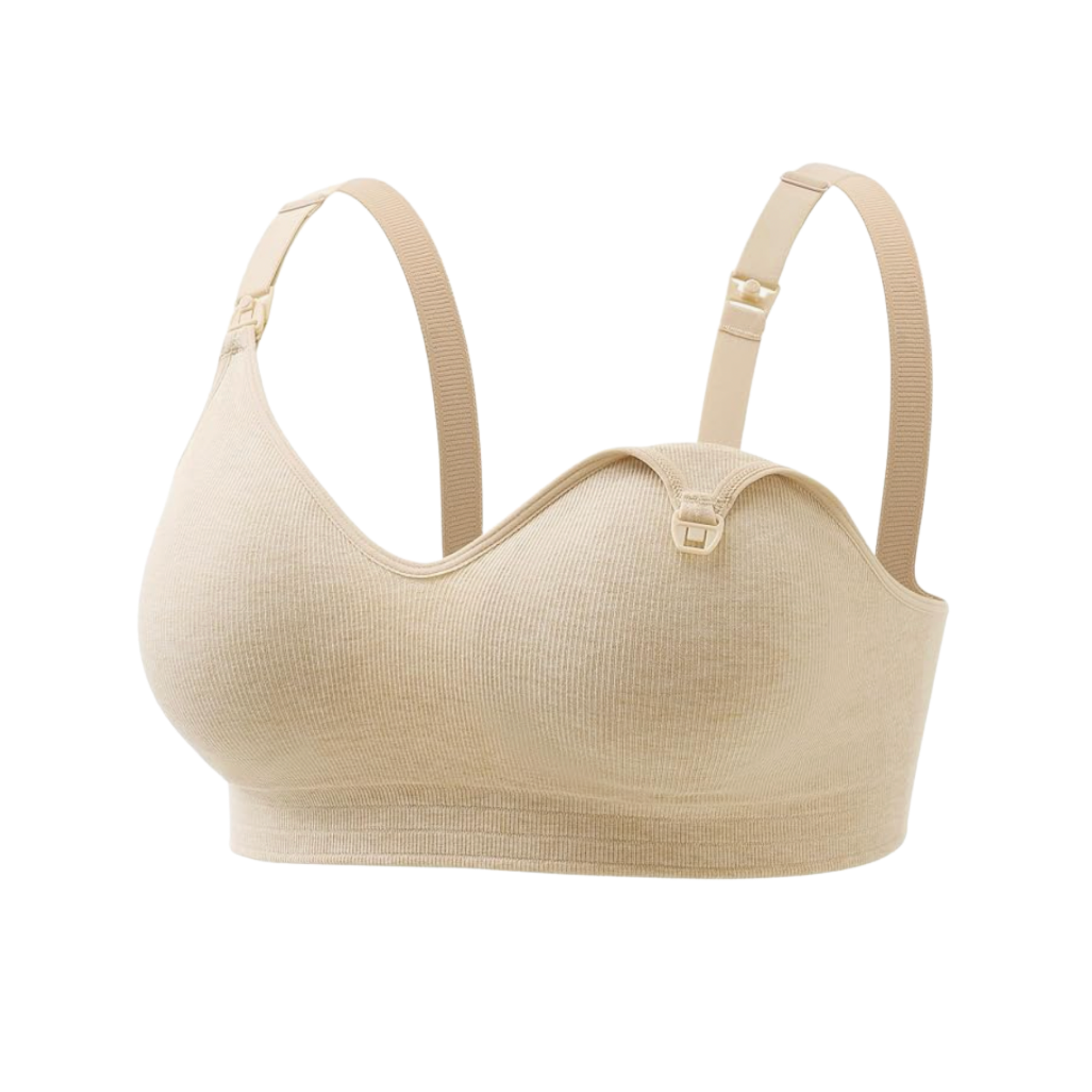 Beige seamless nursing bra with adjustable straps and clip-down cups, displayed on a white background.