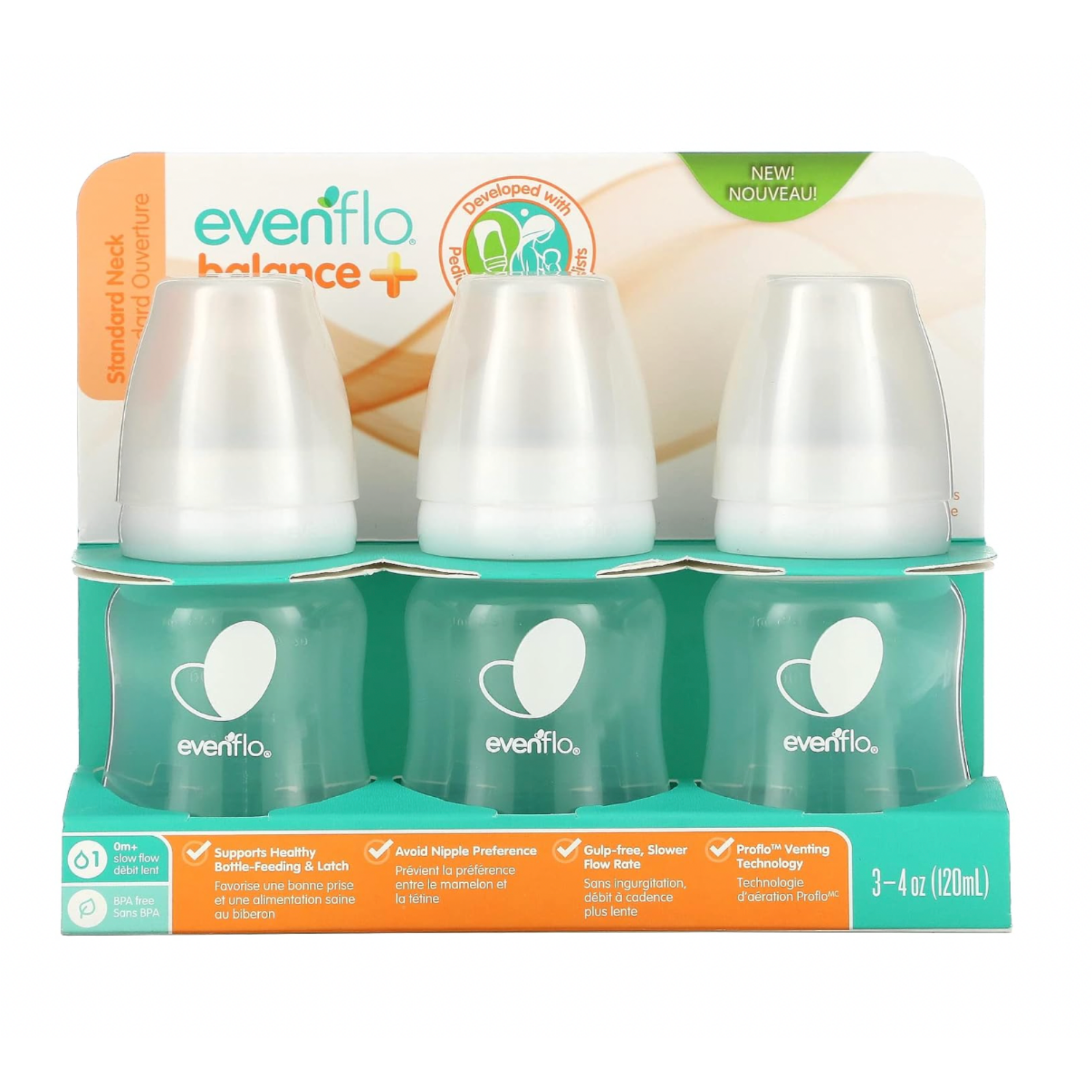 Three teal Evenflo Balance+ baby bottles with white lids, packaged in a set of three, each holding 4 oz (120 ml).