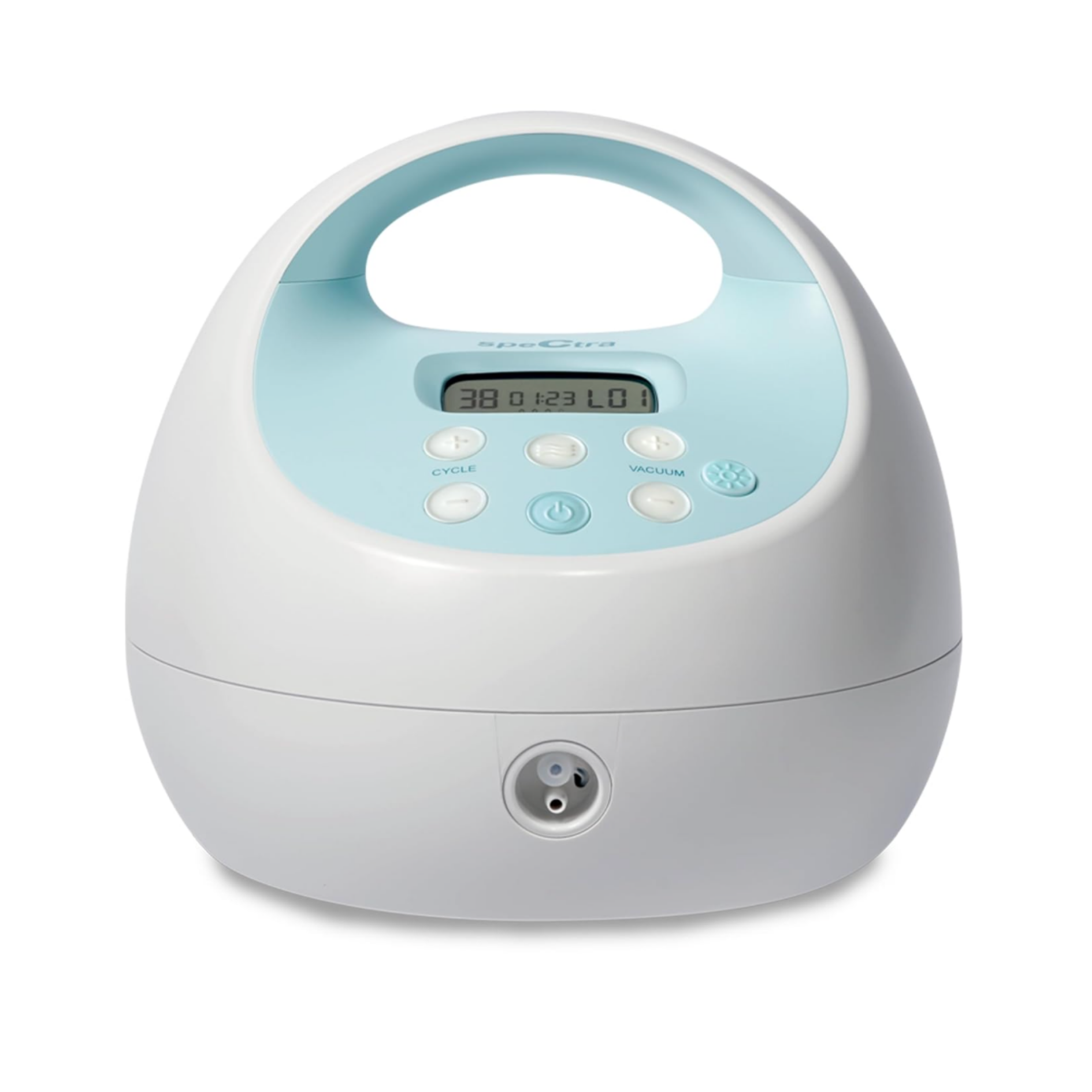 White and light blue electric breast pump with LCD display and control buttons on the front, isolated on a white background.