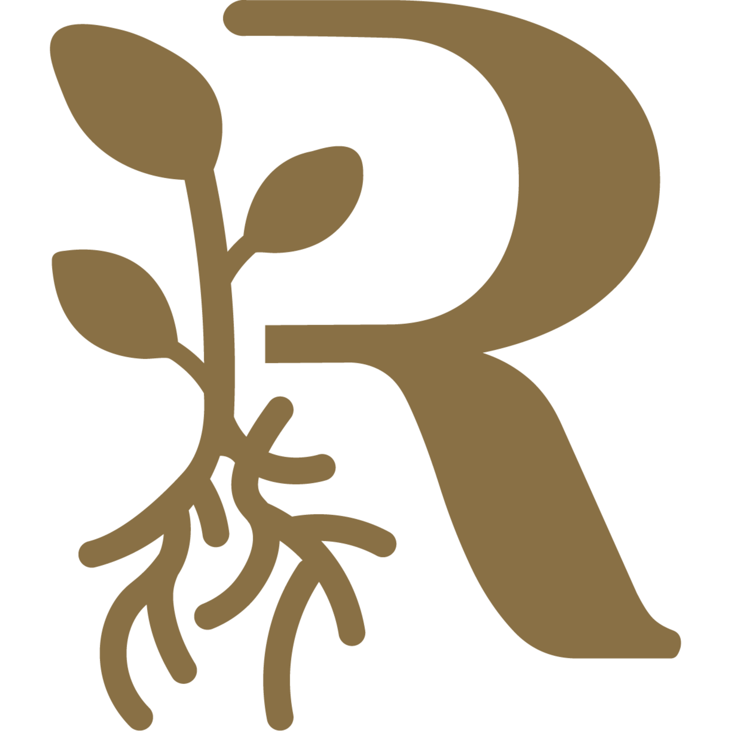 Stylized letter R with a plant and visible roots, representing growth, nourishment, and the Roots Lactation brand identity