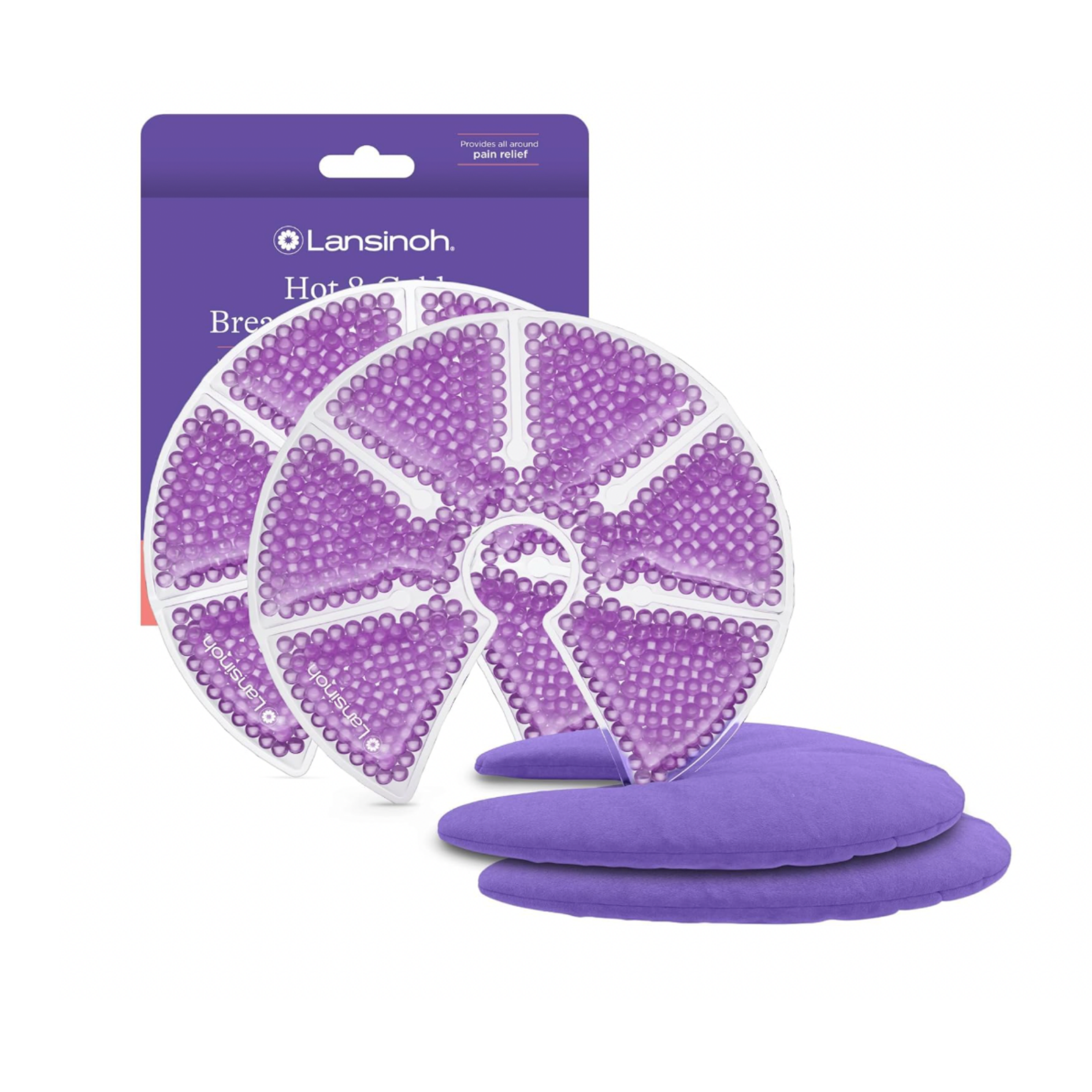 Two purple gel breast therapy pads and two purple fabric covers are shown in front of Lansinoh product packaging.