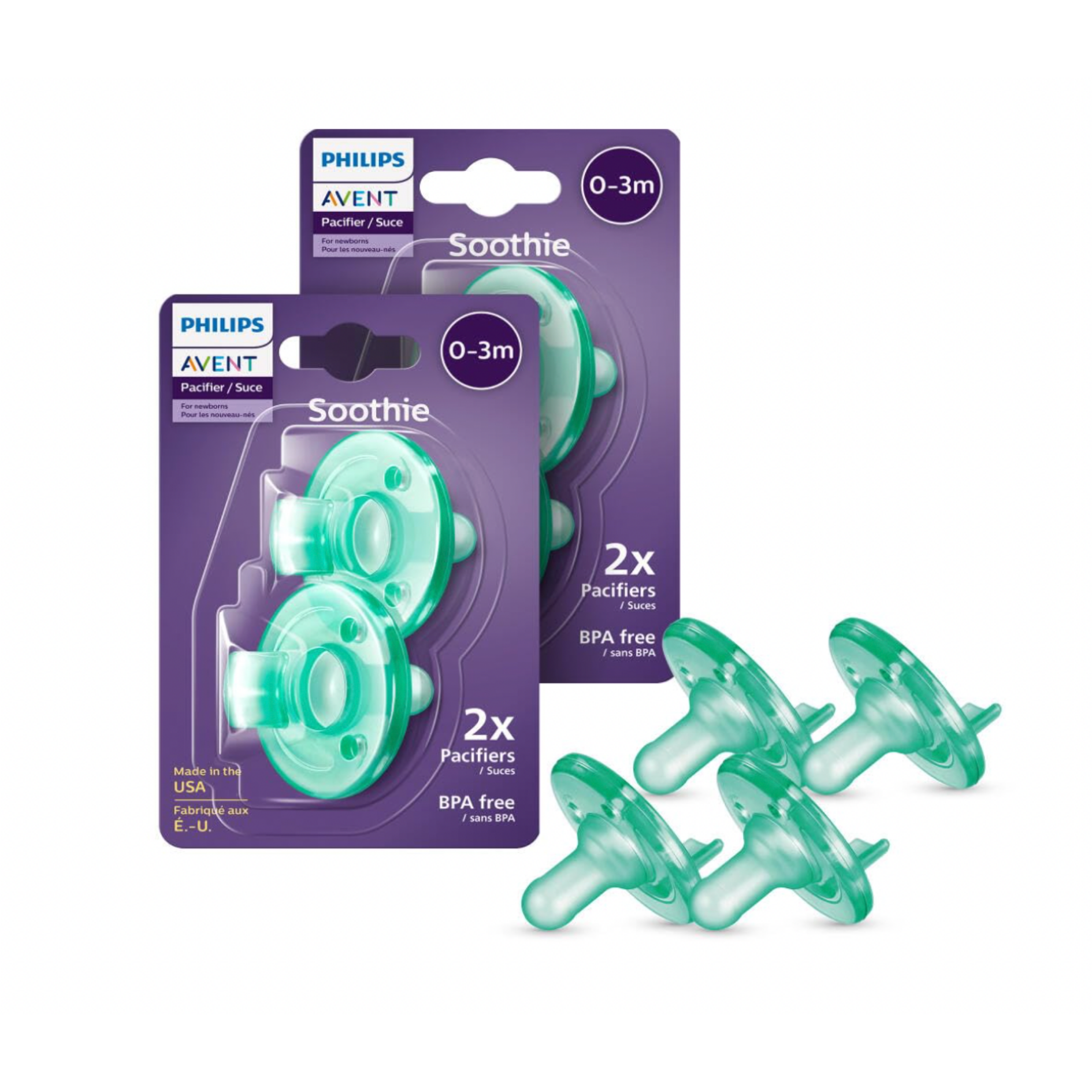 Two packs of Philips Avent Soothie pacifiers for ages 0-3 months, with four green pacifiers shown outside the packaging.