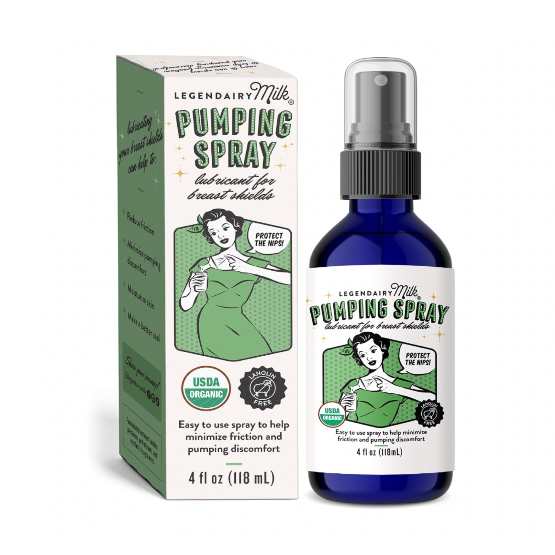 A 4 fl oz bottle of Legendairy Milk Pumping Spray next to its box, both featuring vintage-style illustrations and text.