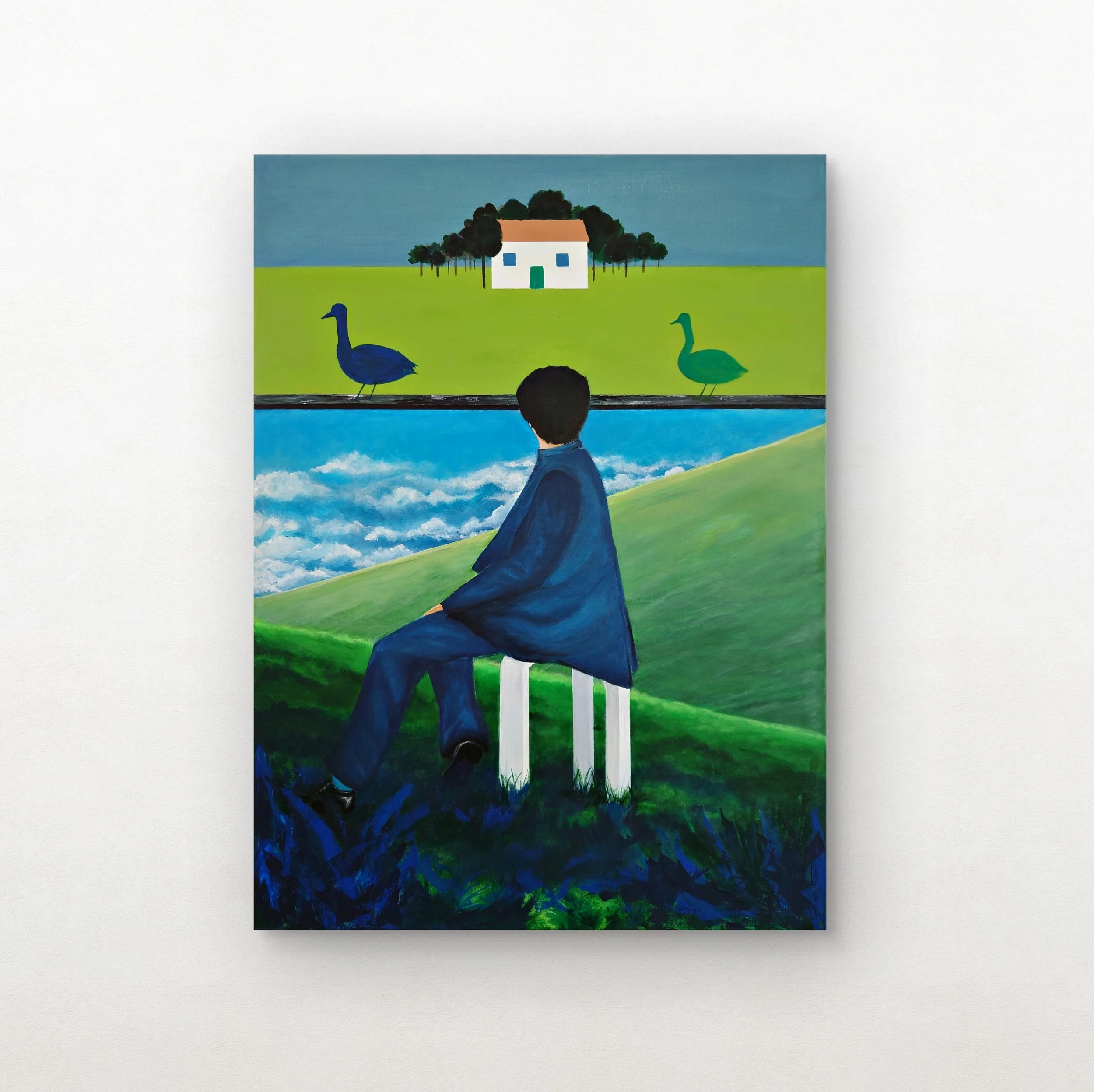 Surreal painting of a person sitting on a white bench on green grass with rolling hills, a blue sky with clouds, a pond with two ducks, and a white house with trees in the background.