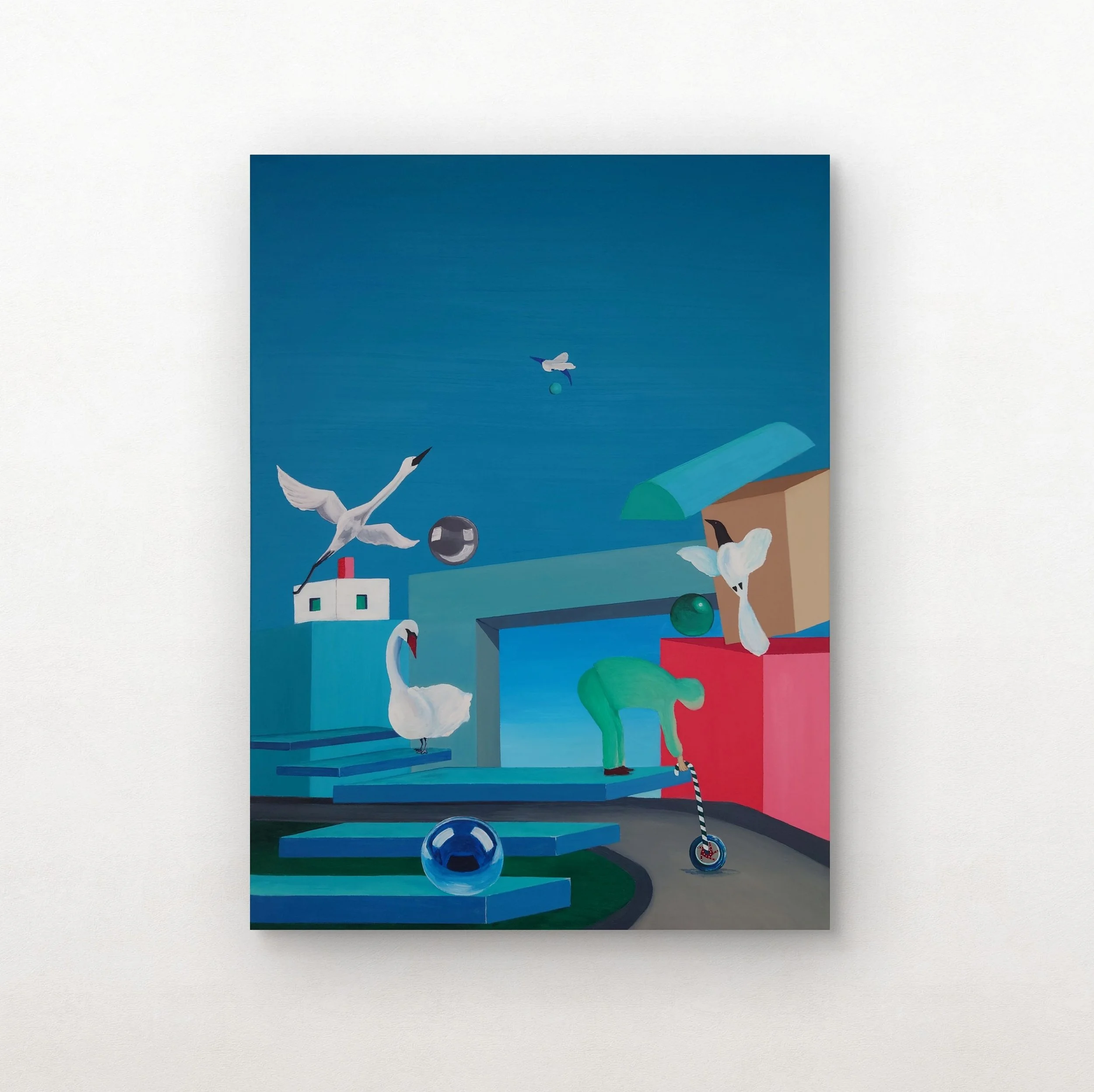 A colorful surreal abstract painting featuring flying white birds, geometric shapes, and spheres against a blue background.