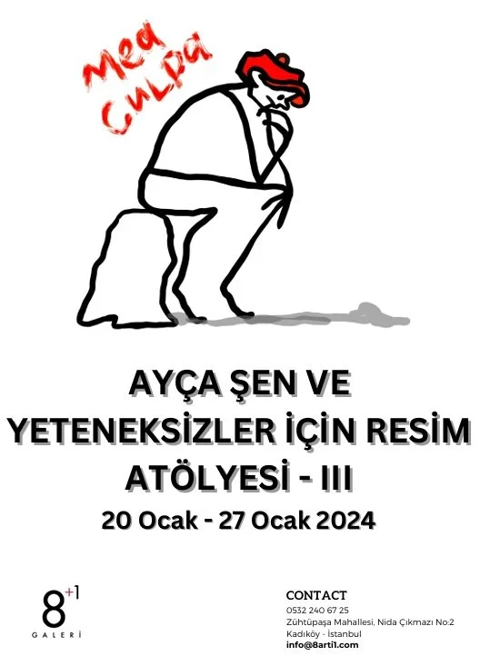 A poster for an art workshop titled 'AYÇA ŞEN VE YETENEKSLER İÇİN RESİM ATÖLYESİ - III' scheduled from January 20 to January 27, 2024. The poster features a simple line drawing of a man sitting on a rock with red hair and red text that says 'Med Gula.' The contact information is provided at the bottom of the poster.
