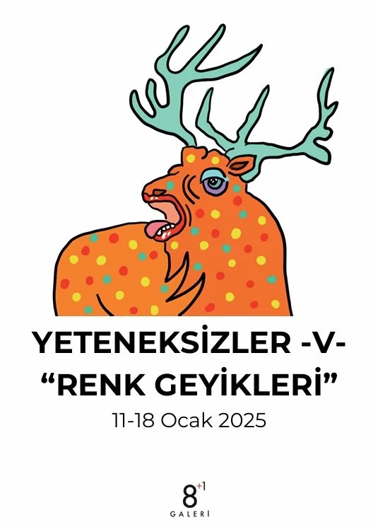 A colorful, cartoon-style deer with blue eyes, orange fur with multicolored spots, and large antlers against a white background with Turkish text and dates.