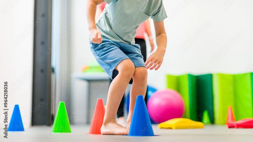 Child jumping over colorful plastic cones in a playroom with soft mats and exercise balls.