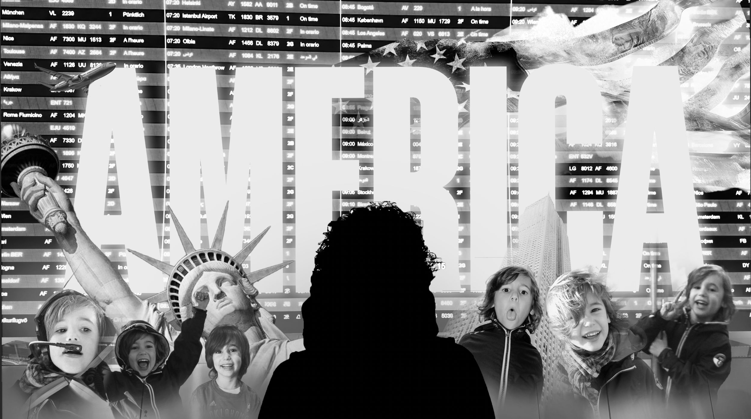 Groupe d'enfants souriants avec une statue de la liberté en arrière-plan, une silhouette d'homme au centre, sur fond d'un tableau d'affichage d'aéroport et de gratte-ciel.