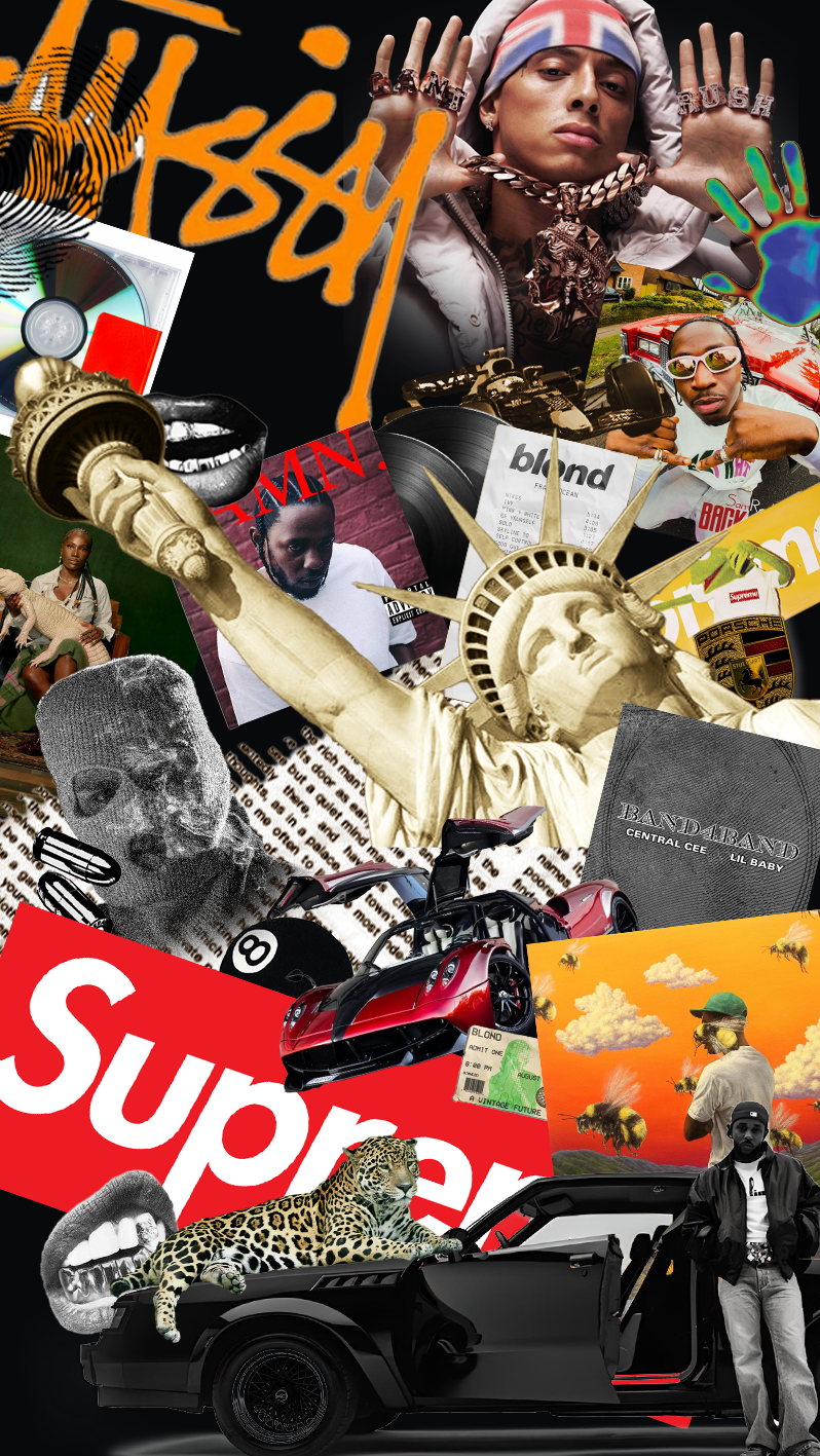 Collage d'images urbaines et de culture pop, incluant des artistes, des voitures de luxe, des éléments de musique, et des symboles de mode et de sport.