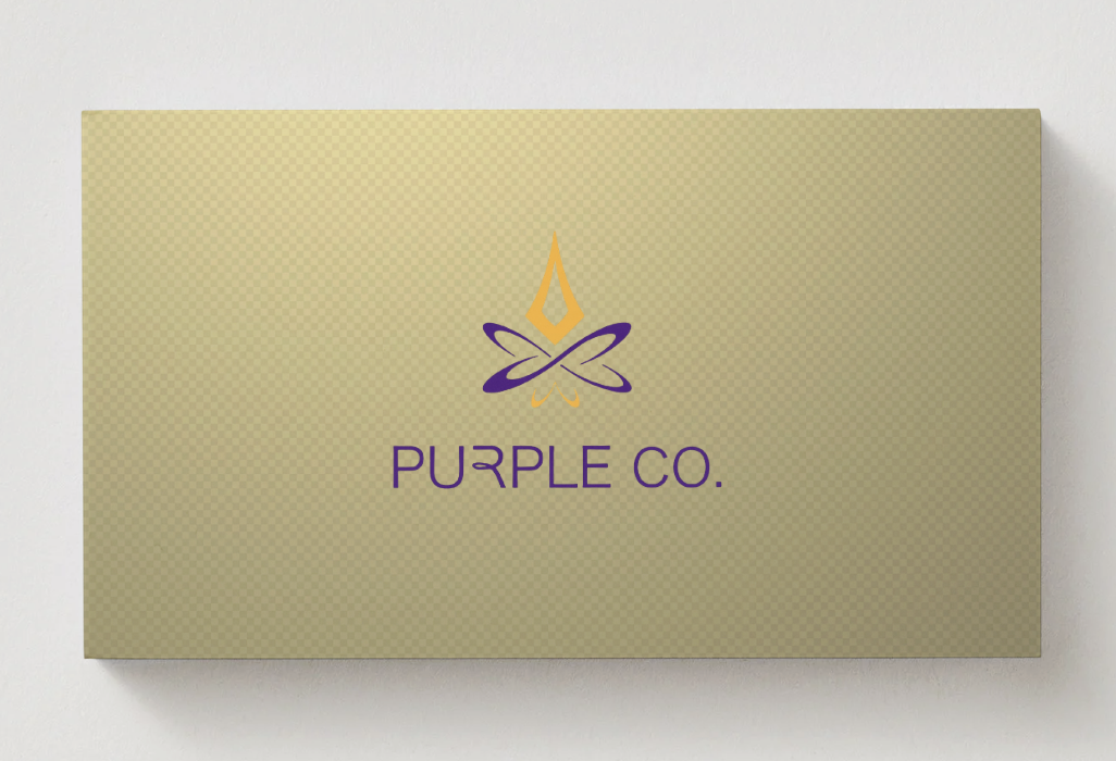 Beige business card with a purple and orange butterfly logo and the text 'PURPLE CO.'