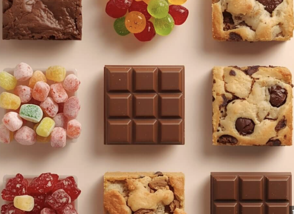 An assortment of candies, chocolates, and baked goods arranged in a grid pattern on a light background, including gummy bears, sour candies, chocolate bars, and brownies.