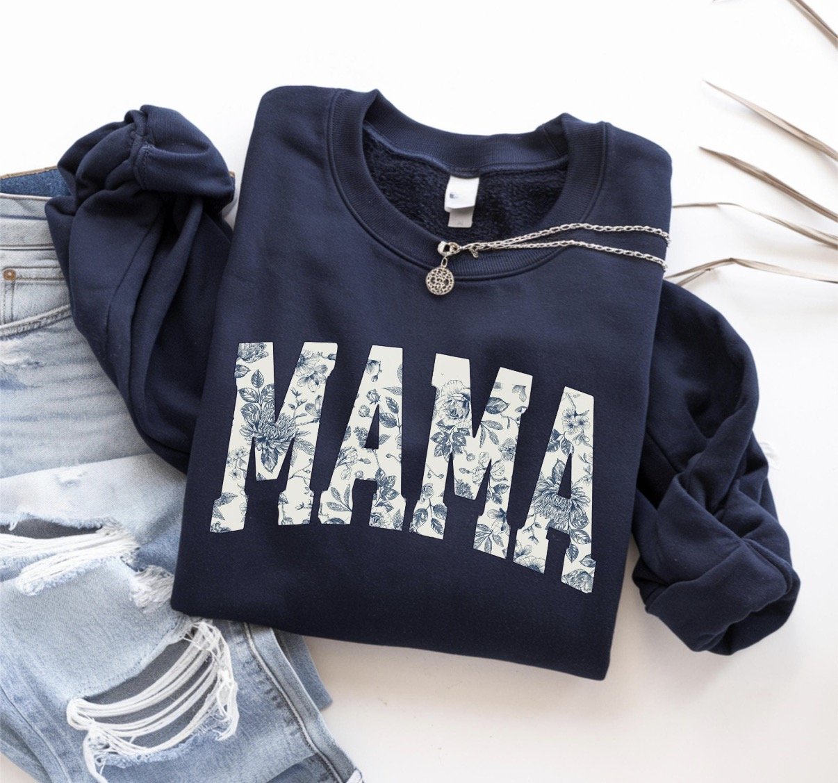 Blue Floral Mama Sweatshirt - Motherhood Crewneck or T-Shirt with Wildflower Graphic
