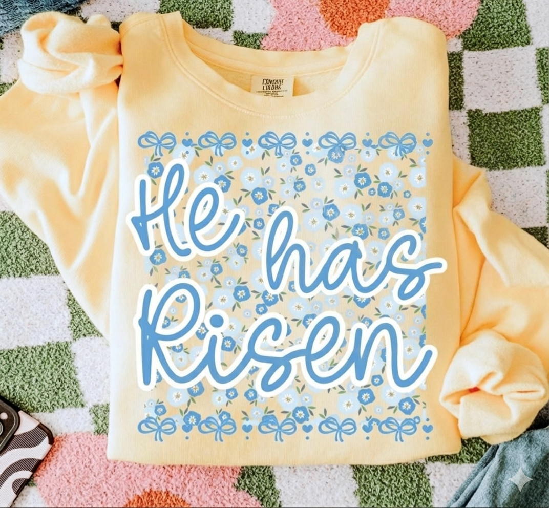 He Has Risen Floral Coquette Easter Sweatshirt or T-Shirt - Blue Wildflower and Bow Faith Apparel