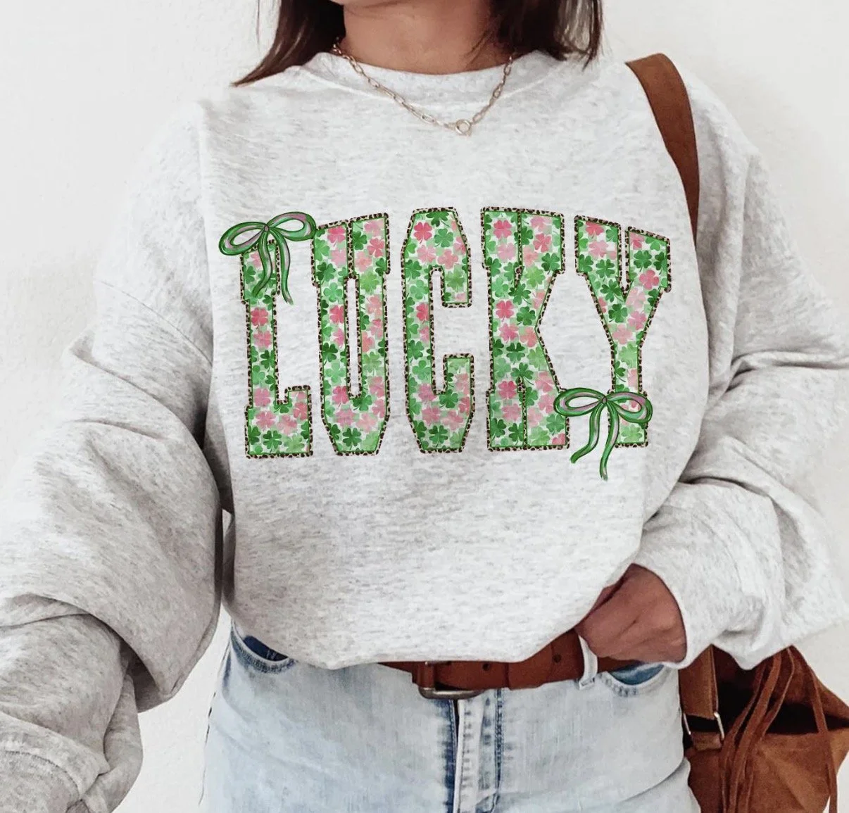 Coquette Lucky Sweatshirt | St. Patrick's Day Pink Shamrock & Bow Crewneck | Preppy Leopard Outline Pullover