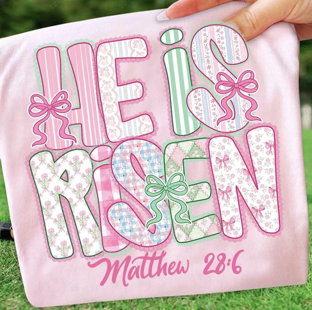 He Is Risen Matthew 28:6 Easter Graphic Tee - Pink Floral & Bow Design
