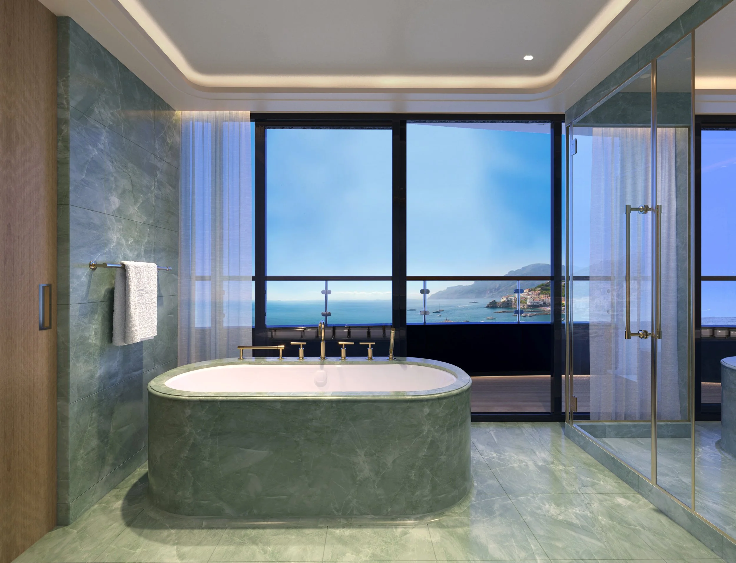 Wash away the world, but keep the view. The master sanctuary of the Milos, St. Barths, and Málaga Suites.