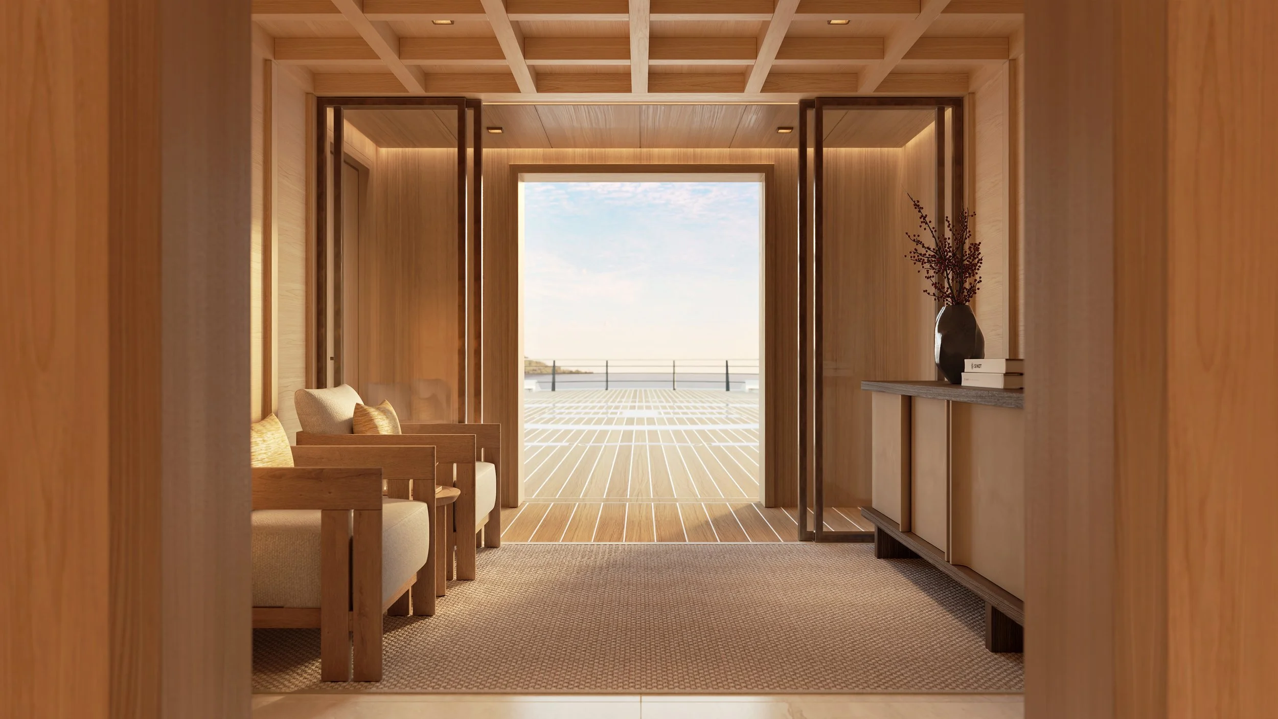 The Helipad Lobby. The first and last thing you see. A sanctuary for those who prefer to arrive from the sky, designed to make the transition from the clouds to the coast feel like a long-overdue exhale.