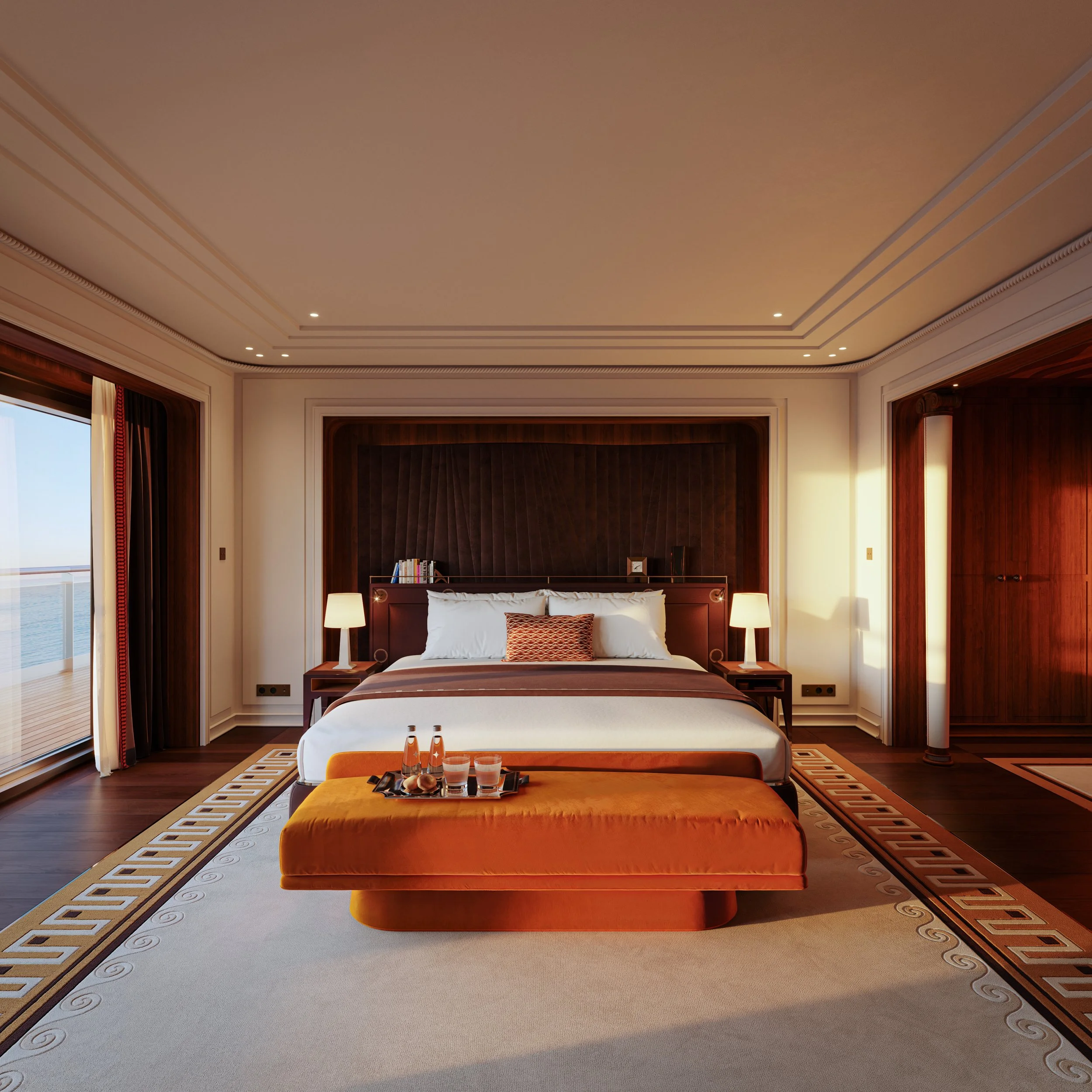 The Suite Apartment bedroom—a masterclass in French Art de Vivre, designed as your personal residence on the water.