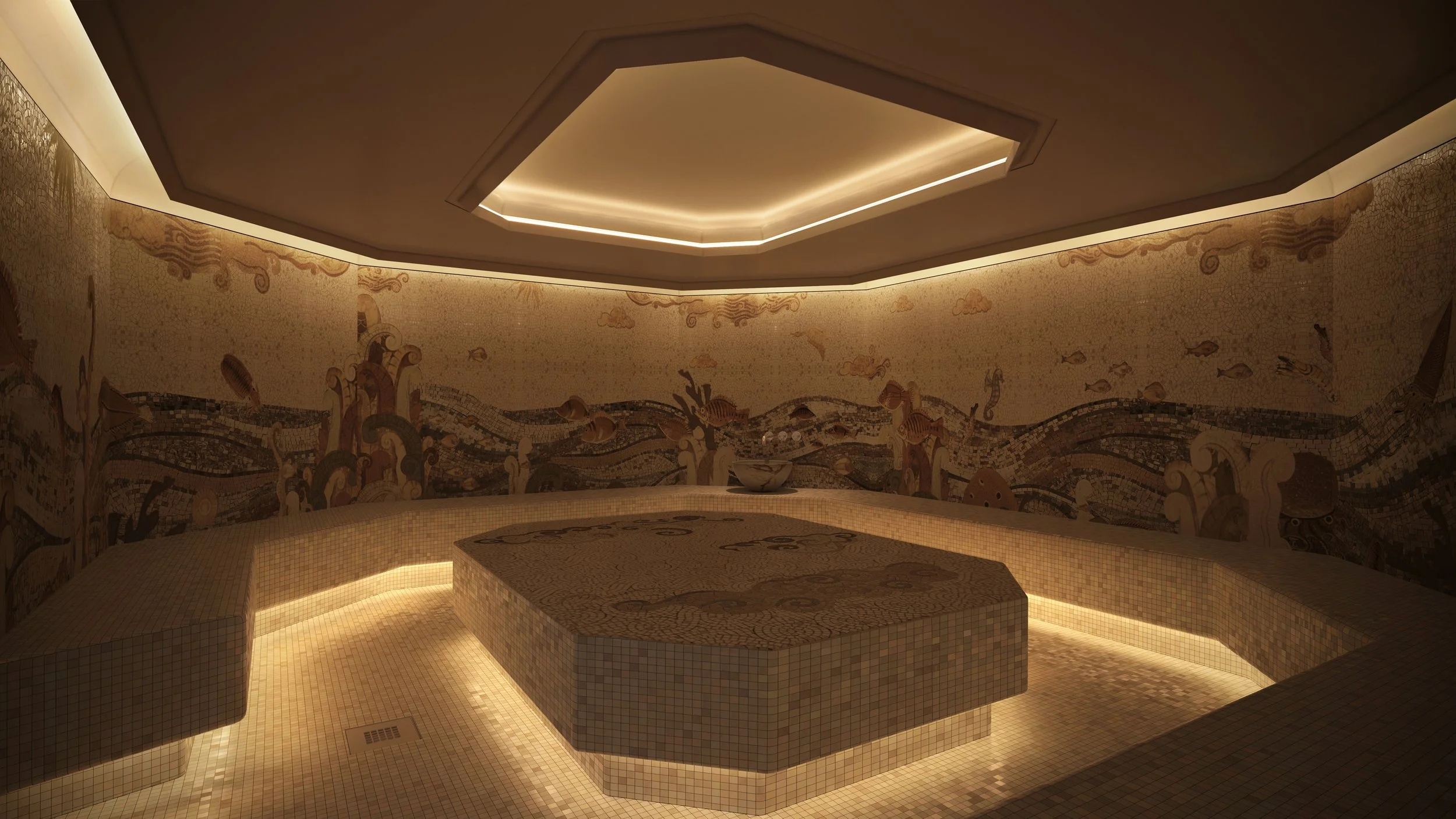 Heat is a catalyst for conversation. The Hammam—12 seats, infinite relaxation.