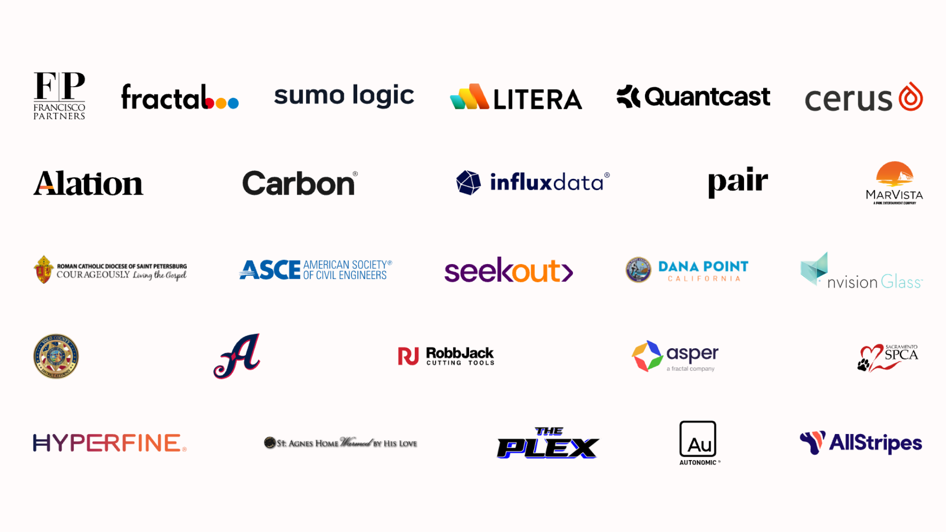 Collection of various company logos on a white background, including logos for FC, fractal, sumo logic, LITERA, Quantcast, cerus, Alation, Carbon, influxdata, pair, MarVista, Roman Catholic Diocese of Saint Petersburg, ASCE, seekout, Dana Point, nvision Glass, County of Los Angeles, Alabama, RobbJack, asper, Sacramento SPCA, Hyperfine, St. Agnes Home, The Plex, Autonomic, and Allstripes.