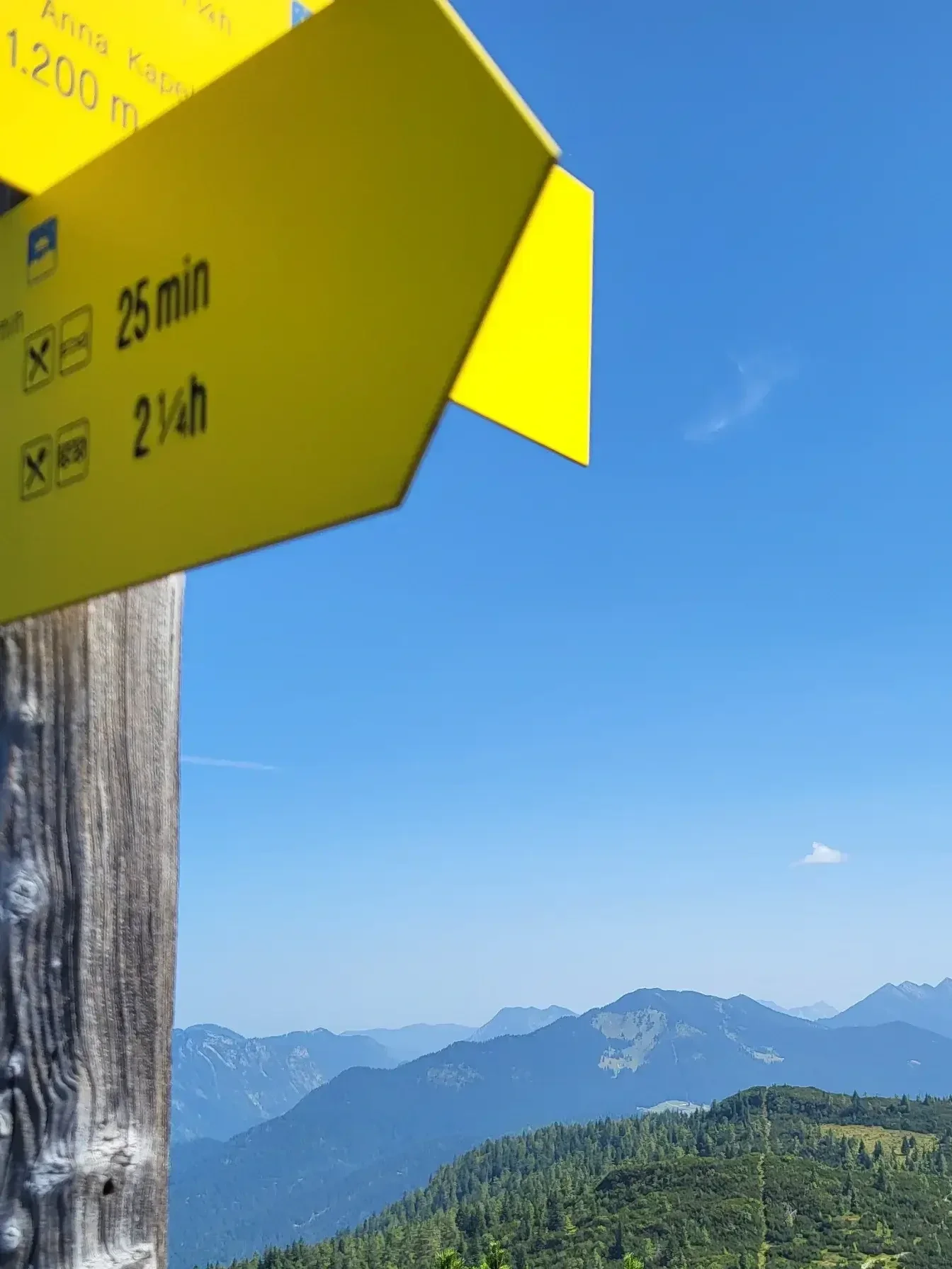 Ein gelber Wegweiser steht vor einem Berg-Panorama.