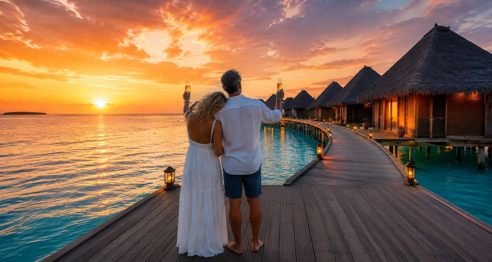Una coppia di due persone, una donna e un uomo, che brindano con bicchieri di champagne su un pontile di legno di fronte a un tramonto sul mare a una piscina circondata da bungalow di paglia.