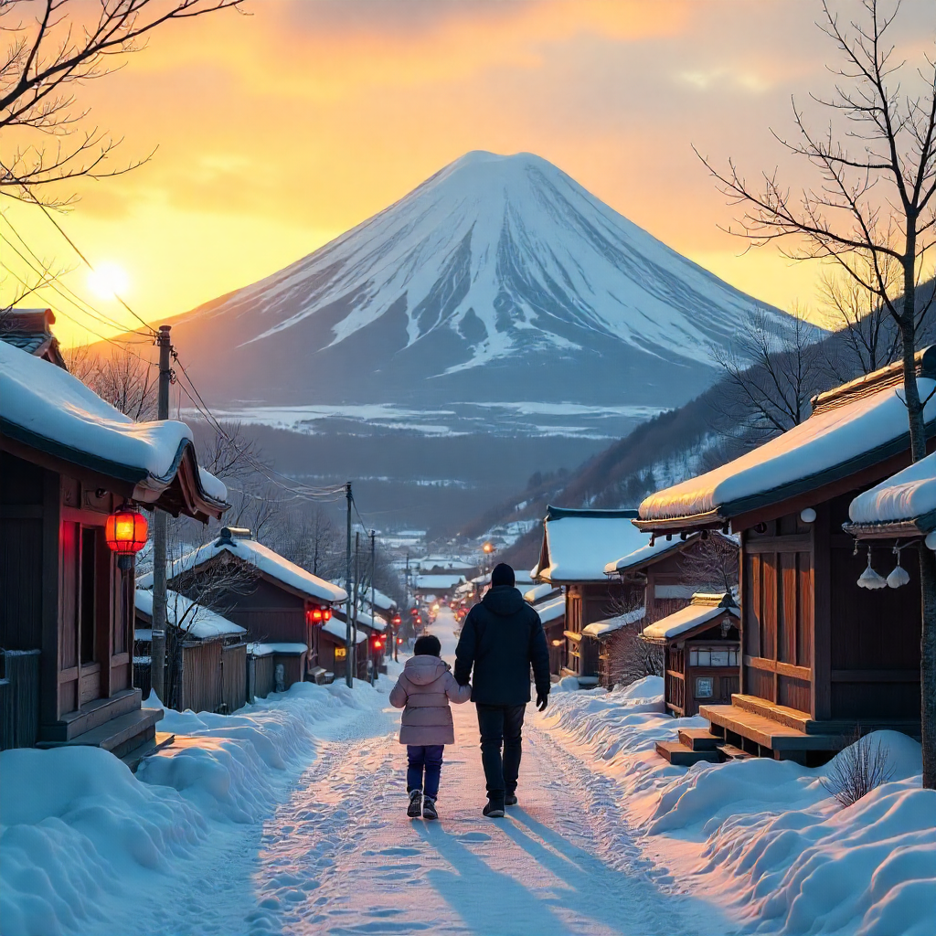 Una coppia cammina lungo una strada innevata tra case tradizionali giapponesi con tetti ricoperti di neve, al tramonto, con il Monte Fuji sullo sfondo, sotto un cielo arancione e luminoso.