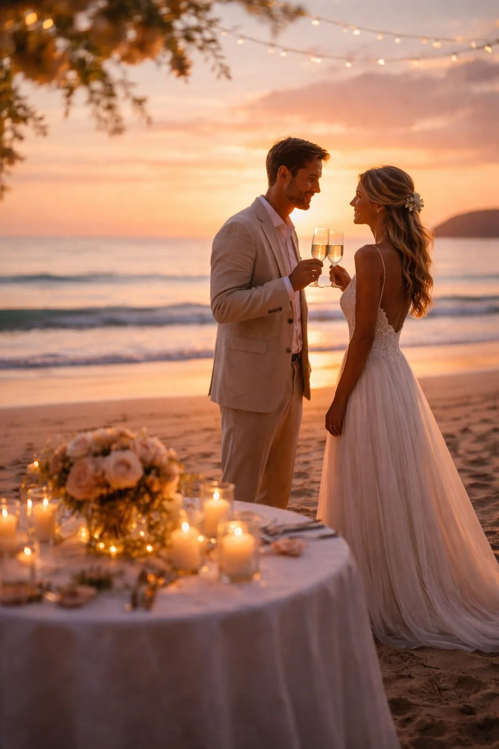 Una coppia di sposi si tiene per mano e si guarda con affetto davanti a un tramonto sulla spiaggia, mentre brindano con calici di champagne.