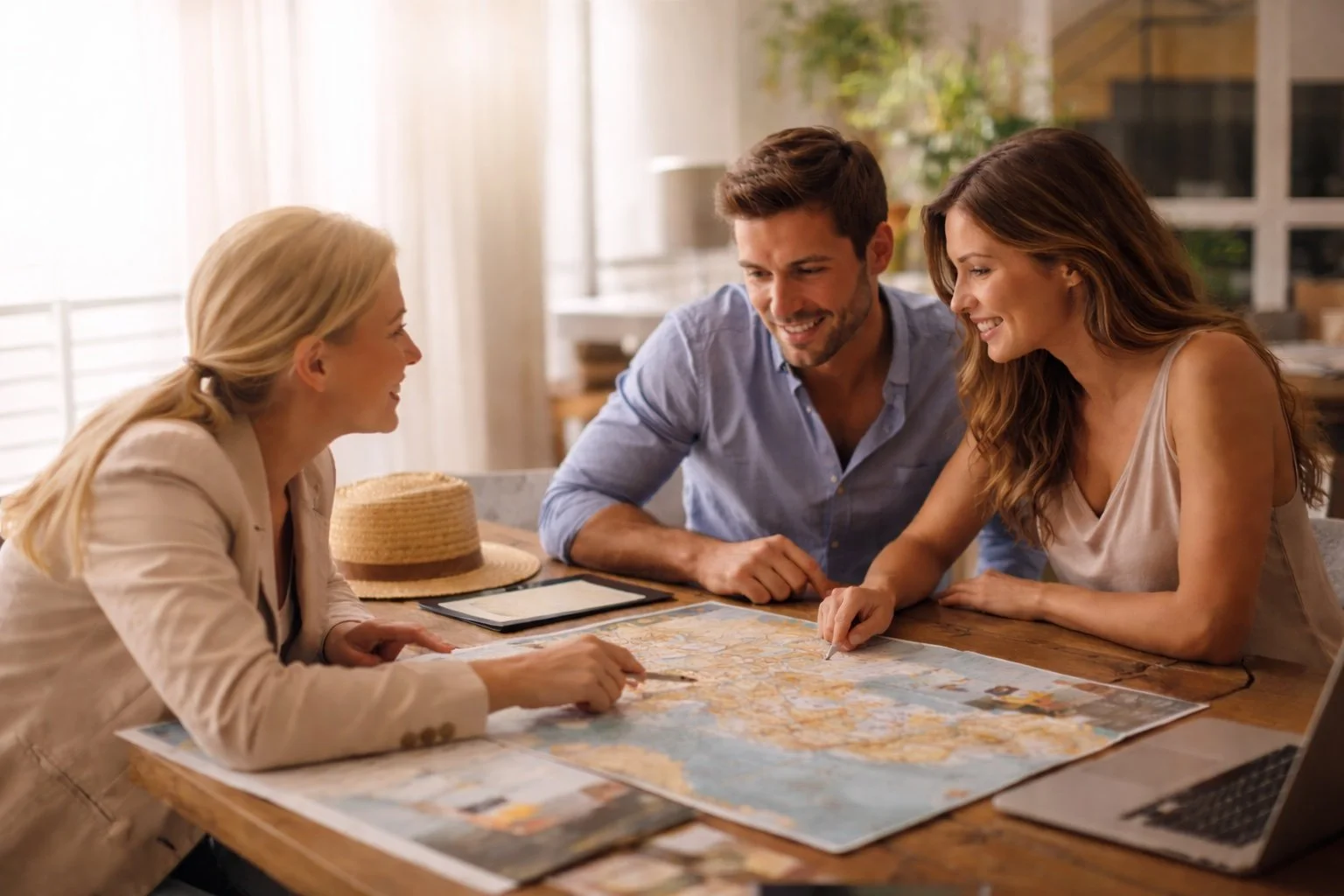Tre persone sedute intorno a un tavolo, che consultano una mappa mentre pianificano un viaggio, sorridendo e discutendo.