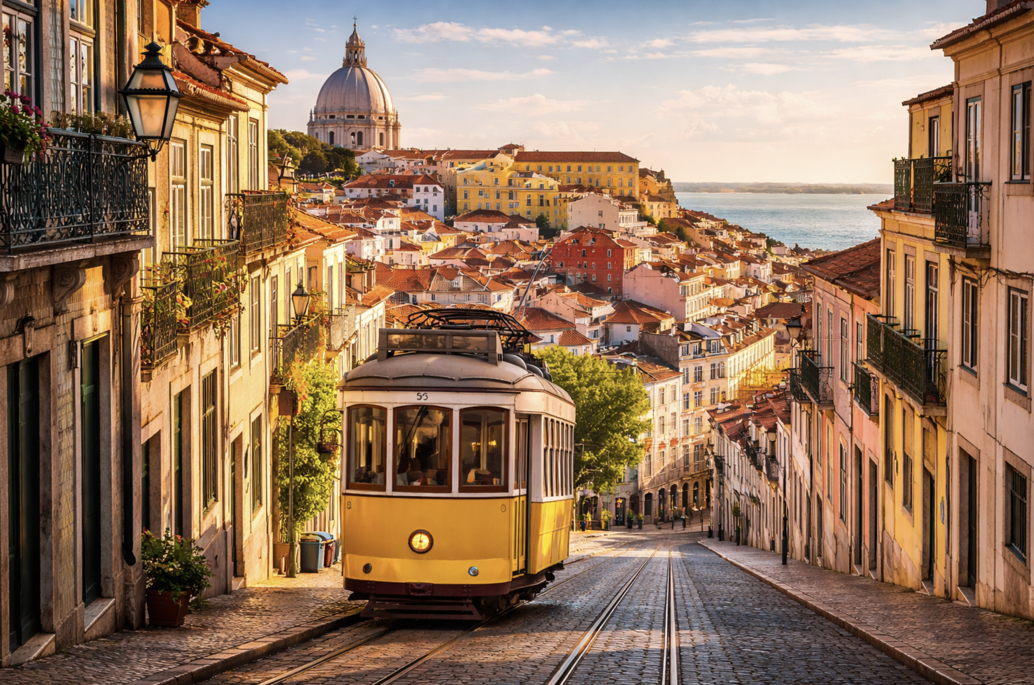 Una tram che attraversa una strada con case colorate sulla collina e il mare sullo sfondo a Lisbona, al tramonto.