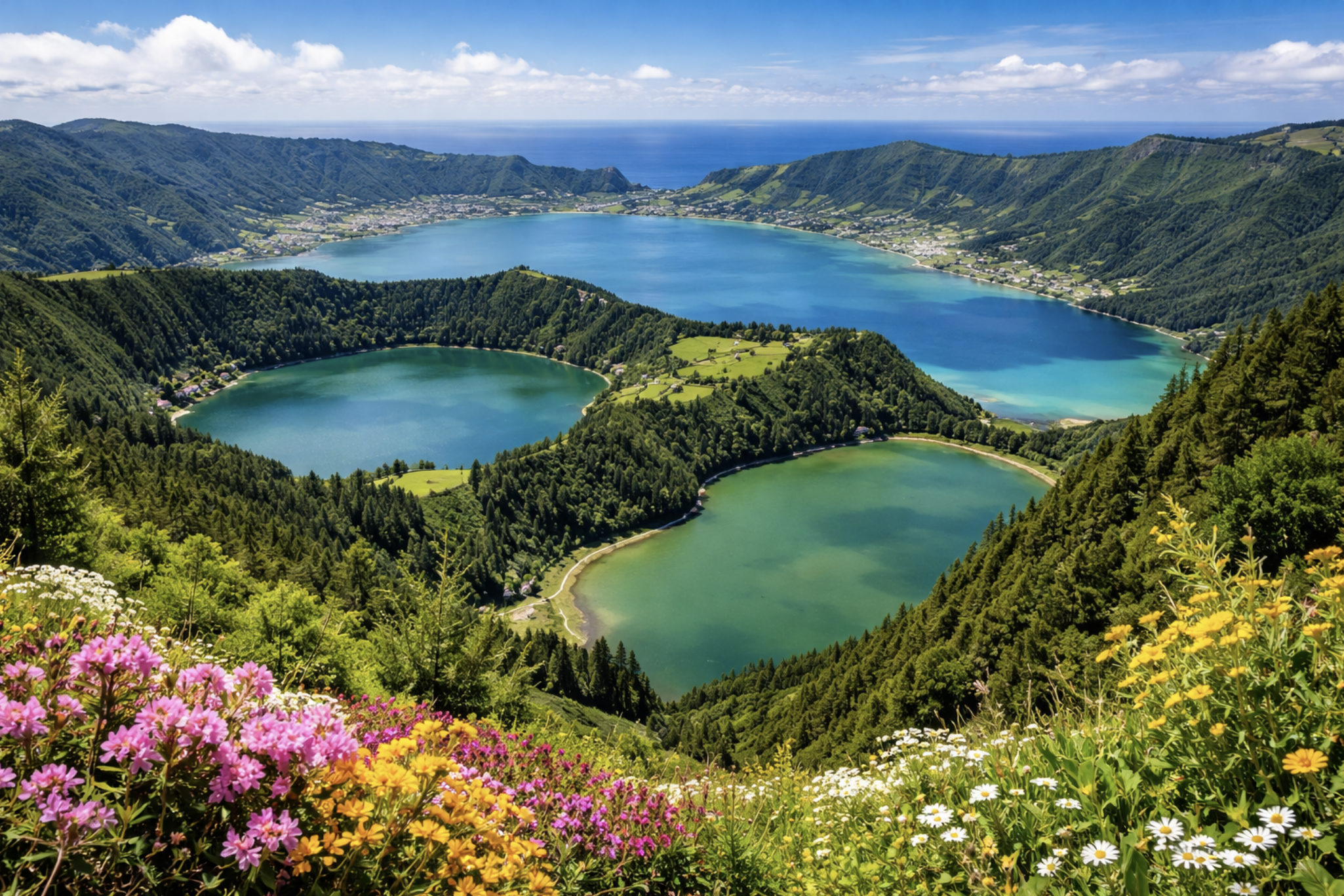 Vista panoramica di tre laghi circondati da colline verdi con fiori colorati in primo piano, monti e mare sullo sfondo in una giornata di sole.
