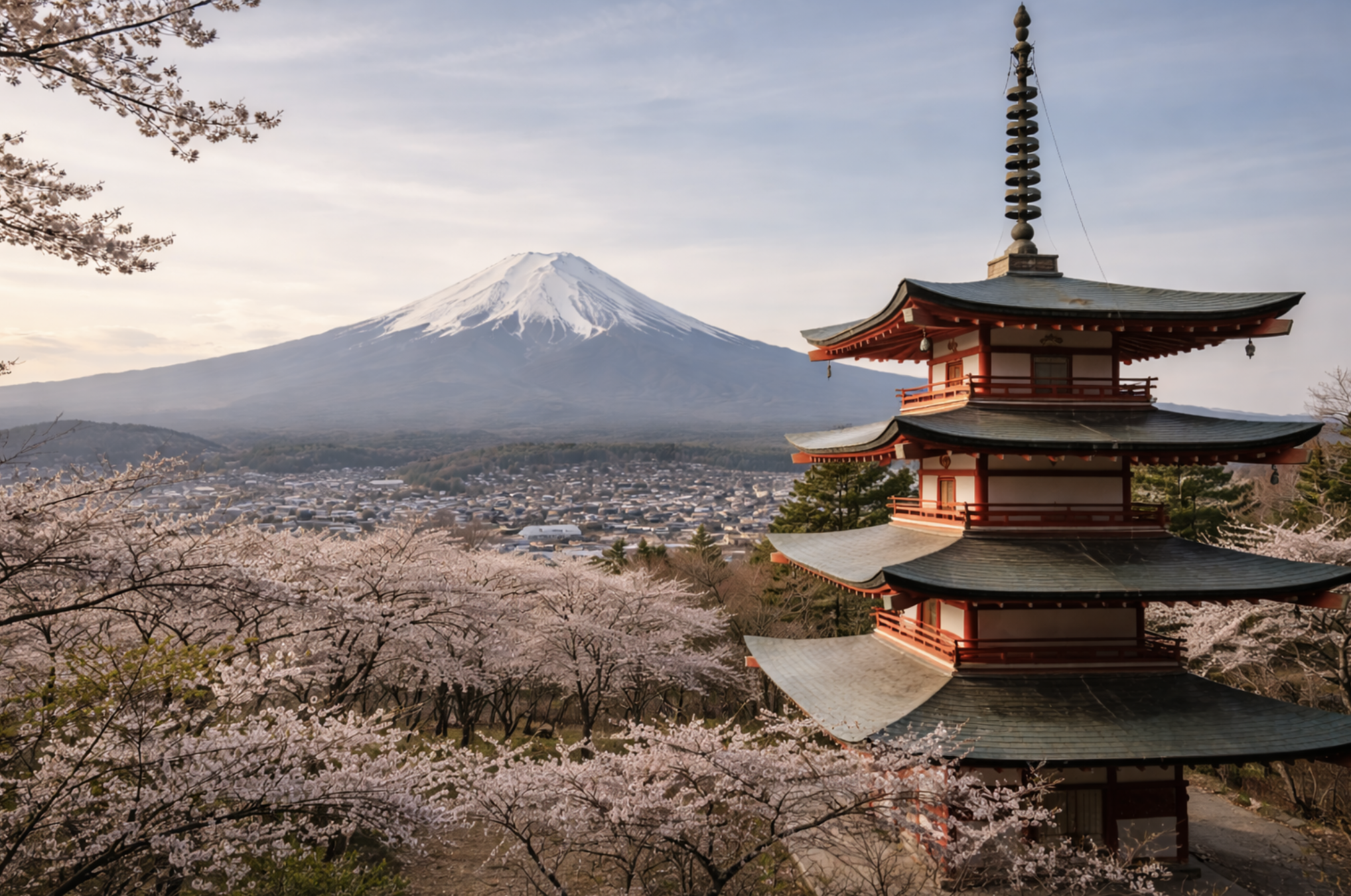 Una pagoda tradizionale giapponese circondata da ciliegi in fiore, con il monte Fuji sullo sfondo durante la primavera.