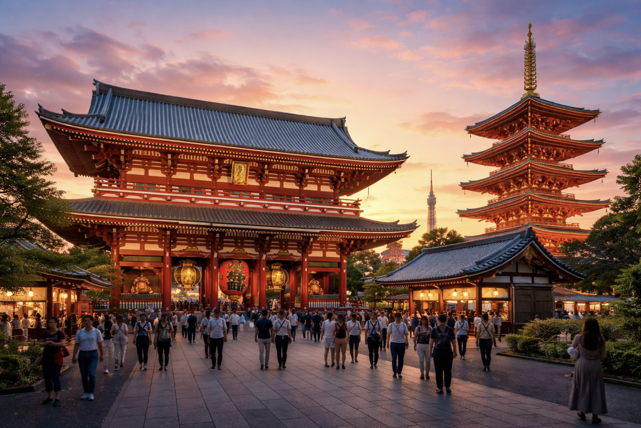Tempio tradizionale giapponese con pagoda di cinque piani, illuminato al tramonto, con molti visitatori e Tokyo Skytree sullo sfondo.