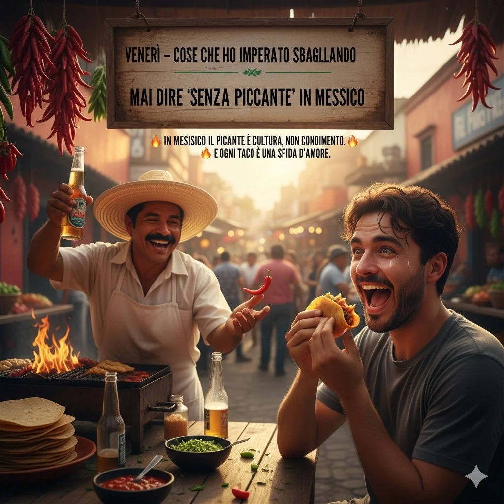 Due uomini che mangiano cibo da strada messicano, uno con un sombrero che tiene una birra, l'altro che mangia un tacos, con peperoncini e salsa sul tavolo, atmosfera vivace, cibo tradizionale messicano.