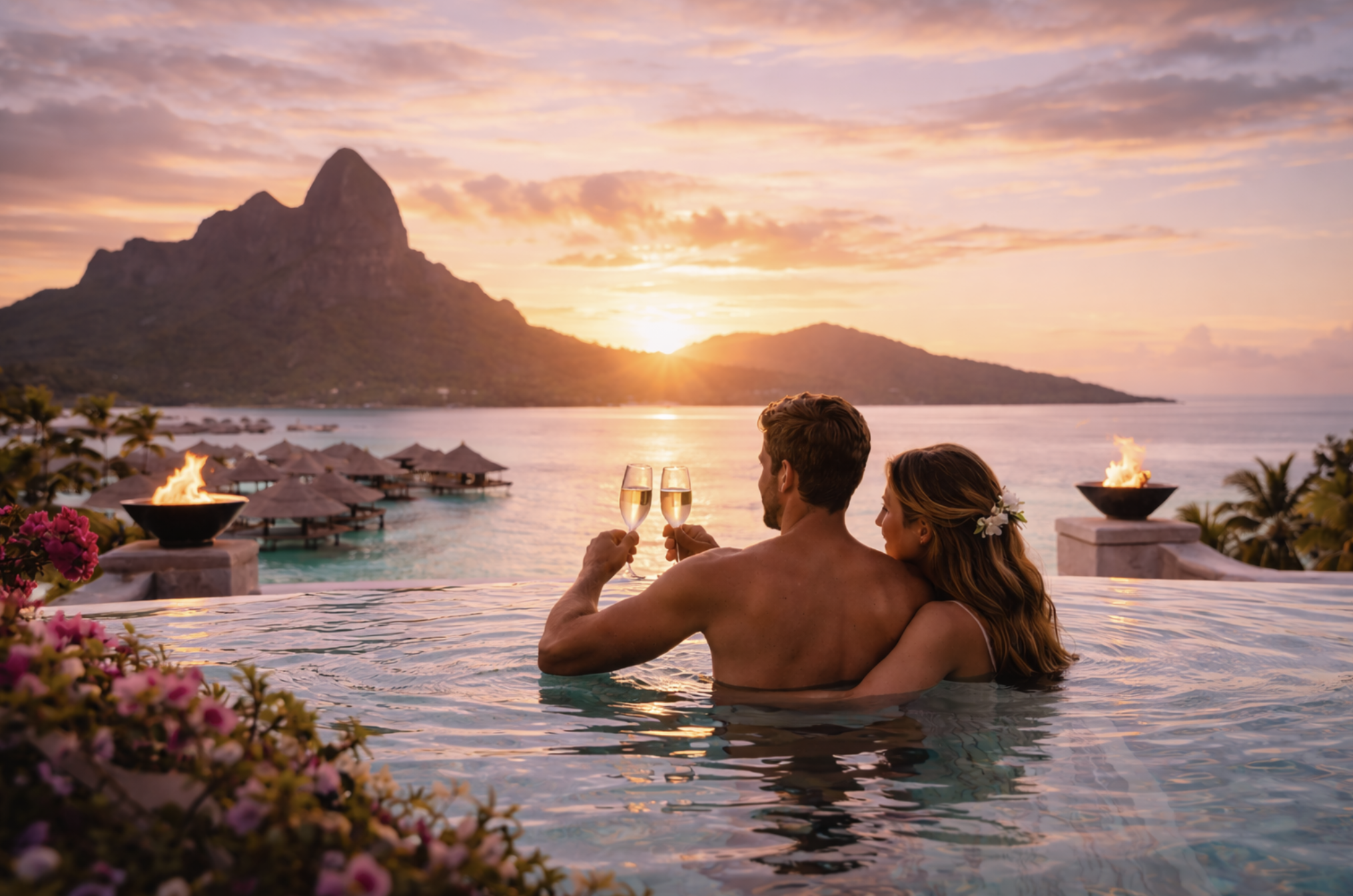 Una coppia si rilassa in una piscina con vista al tramonto, con il mare e le montagne sullo sfondo, brindando con bicchieri di champagne.