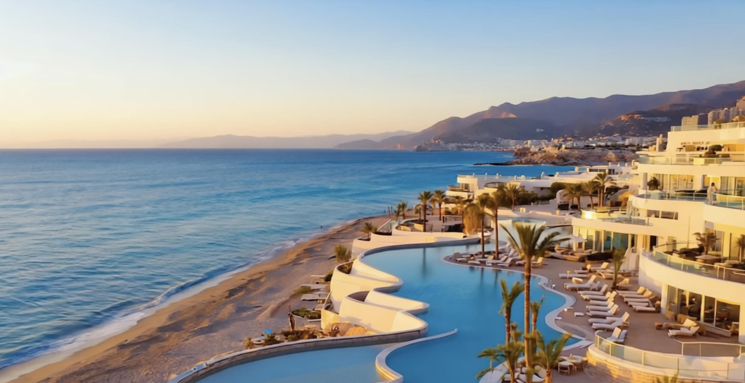 Vista panoramica di un resort sulla spiaggia con piscina a forma di onda, lettini e ombrelloni, palme e edifici moderni, con montagne sullo sfondo al tramonto.