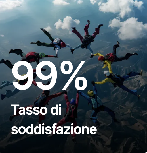 Un gruppo di persone fa paracadutismo in cielo con nuvole e montagne sullo sfondo.