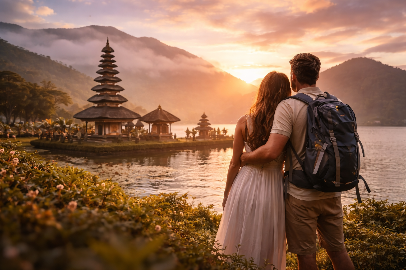Una coppia abbracciata vicino a un lago durante il tramonto con templi tradizionali sullo sfondo