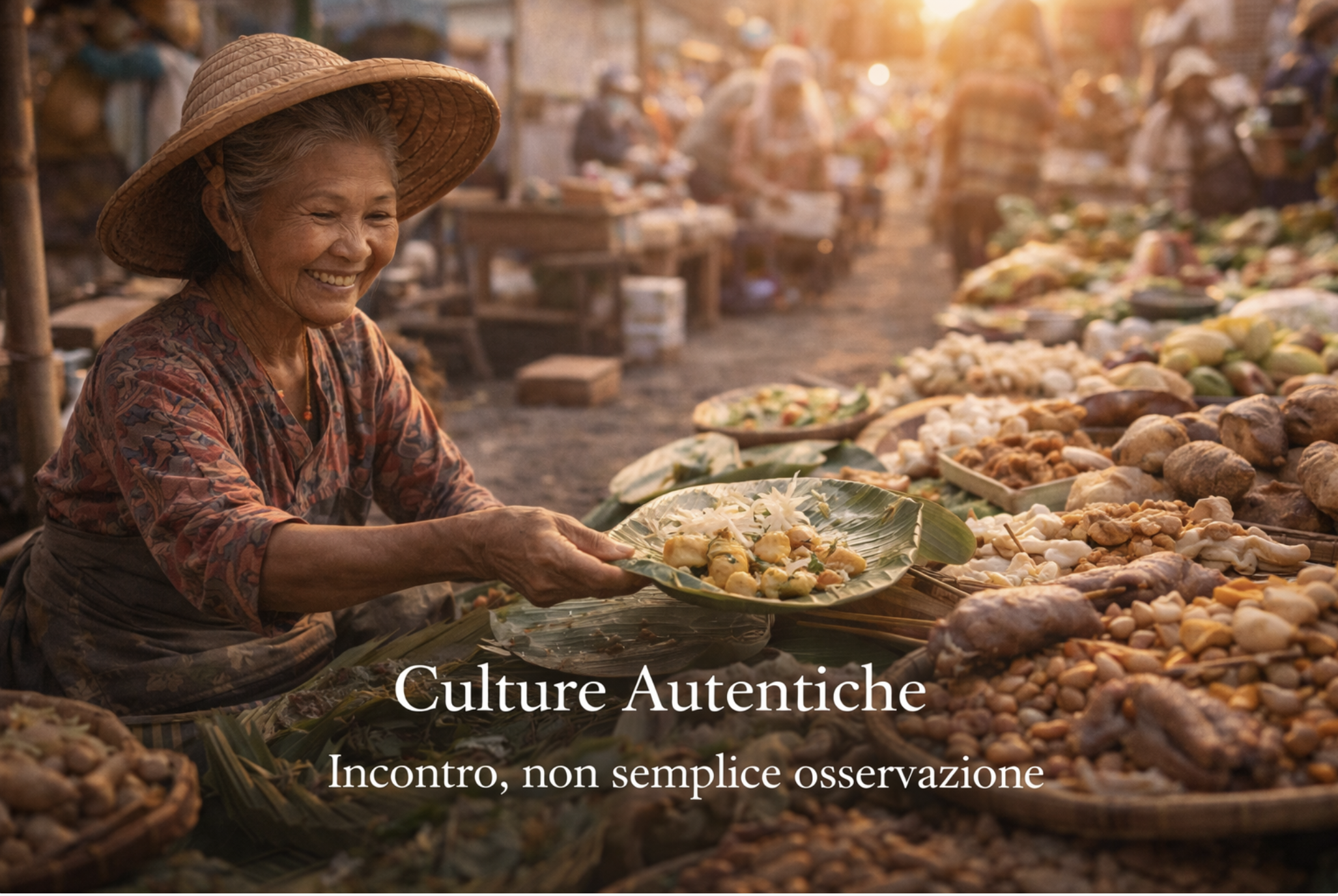 Una donna anziana sorridente vende prodotti alimentari in un mercato all'aperto, con numerosi altri venditori e prodotti visibili sullo sfondo, in un'atmosfera calda e vivace.