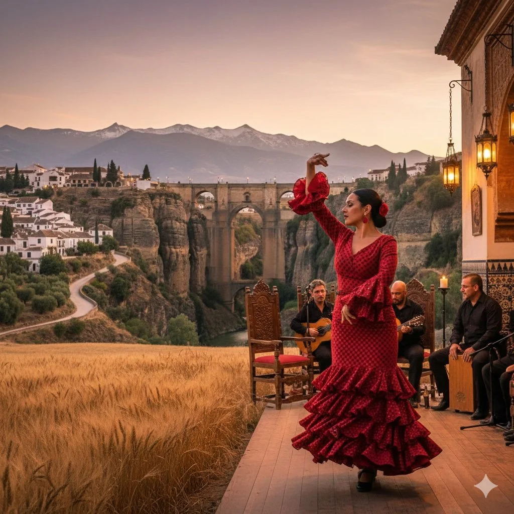 Una donna vestita con un abito rosso flamenco danza su un palco all'aperto con un gruppo musicale che suona strumenti, sullo sfondo un paesaggio montano con un ponte e case bianche su una collina, al tramonto.