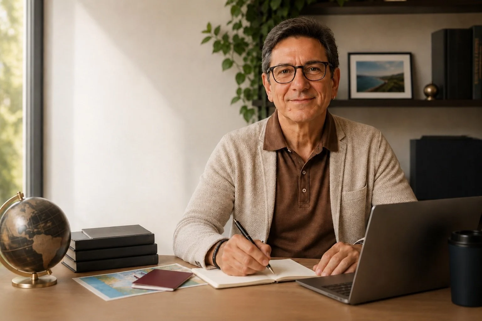 Uomo seduto a una scrivania, che sorride, con computer portatile, quaderni, globocarta e una tazza di caffè. Sfondo con scaffale e pianta.