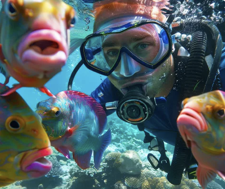 Subacqueo con maschera e circuito respiratorio circondato da pesci tropicali colorati