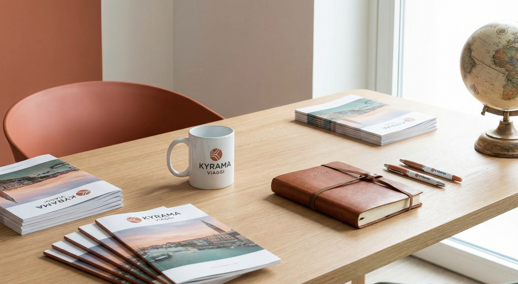 Tavolo con brochure di viaggio, tazza con logo, quaderno, penne, e globulo terrestre