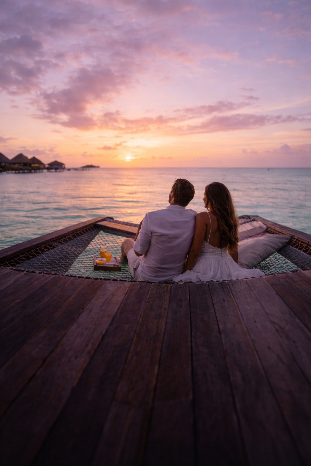 Una coppia di persone sedute su una piattaforma di legno che guarda il tramonto sul mare, con un cielo colorato di rosa e arancione.