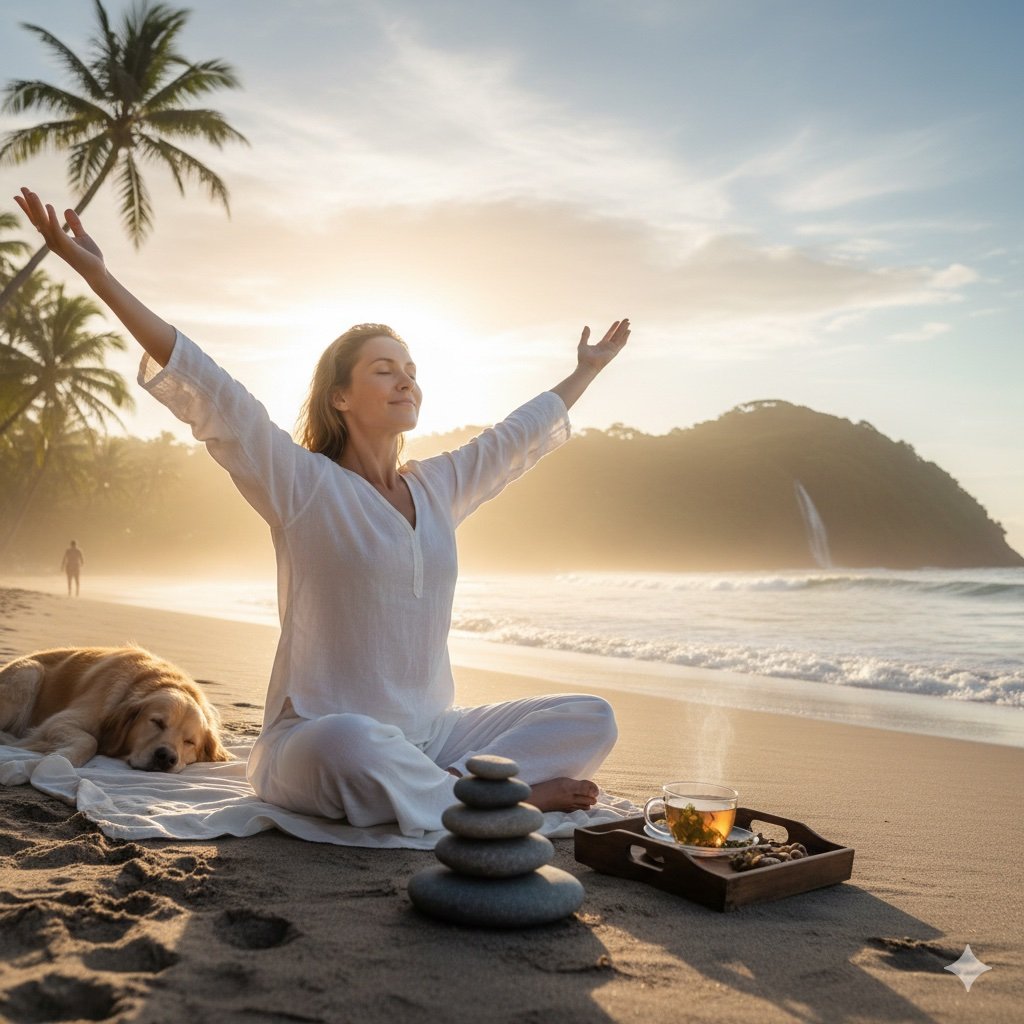 Una donna che si rilassa sulla spiaggia con le braccia alzate al tramonto, accanto a un cane sdraiato, con una tazza di tè, uno stacking di pietre e un paesaggio con palme, mare e un'isola.